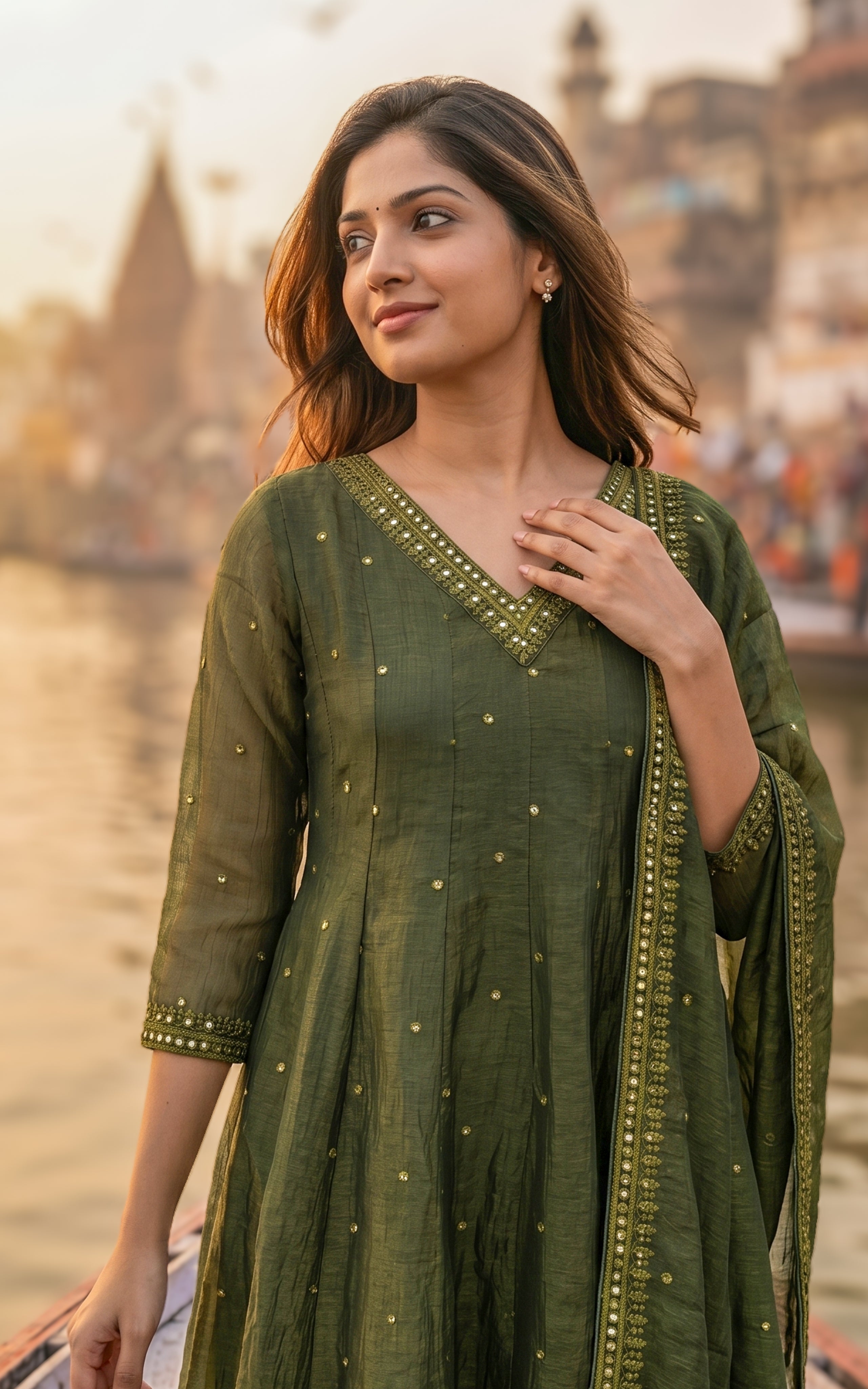 Instore – Dark Mehandi Green Mellinam Anarkali Kurti with Dupatta for Women – Crushed Tissue Silk – Sequin Embroidery – Festive Ethnic Wear