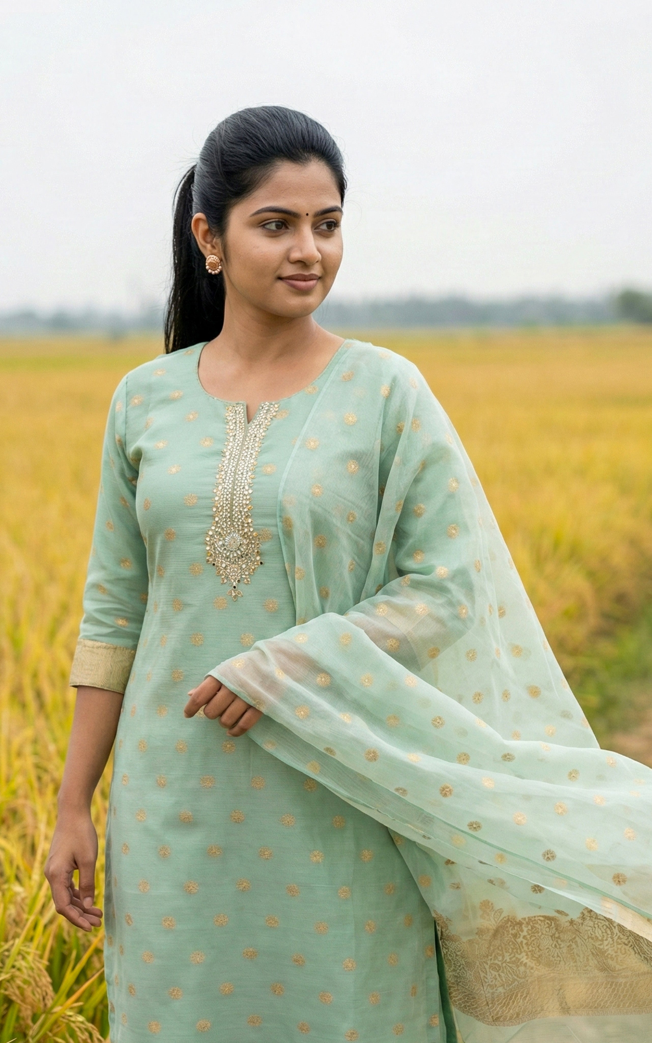 Instore - Pastel Green Chanderi Straight Cut Kurti with Zari Embroidery Neckline, Pant with One Side Pocket & Dupatta