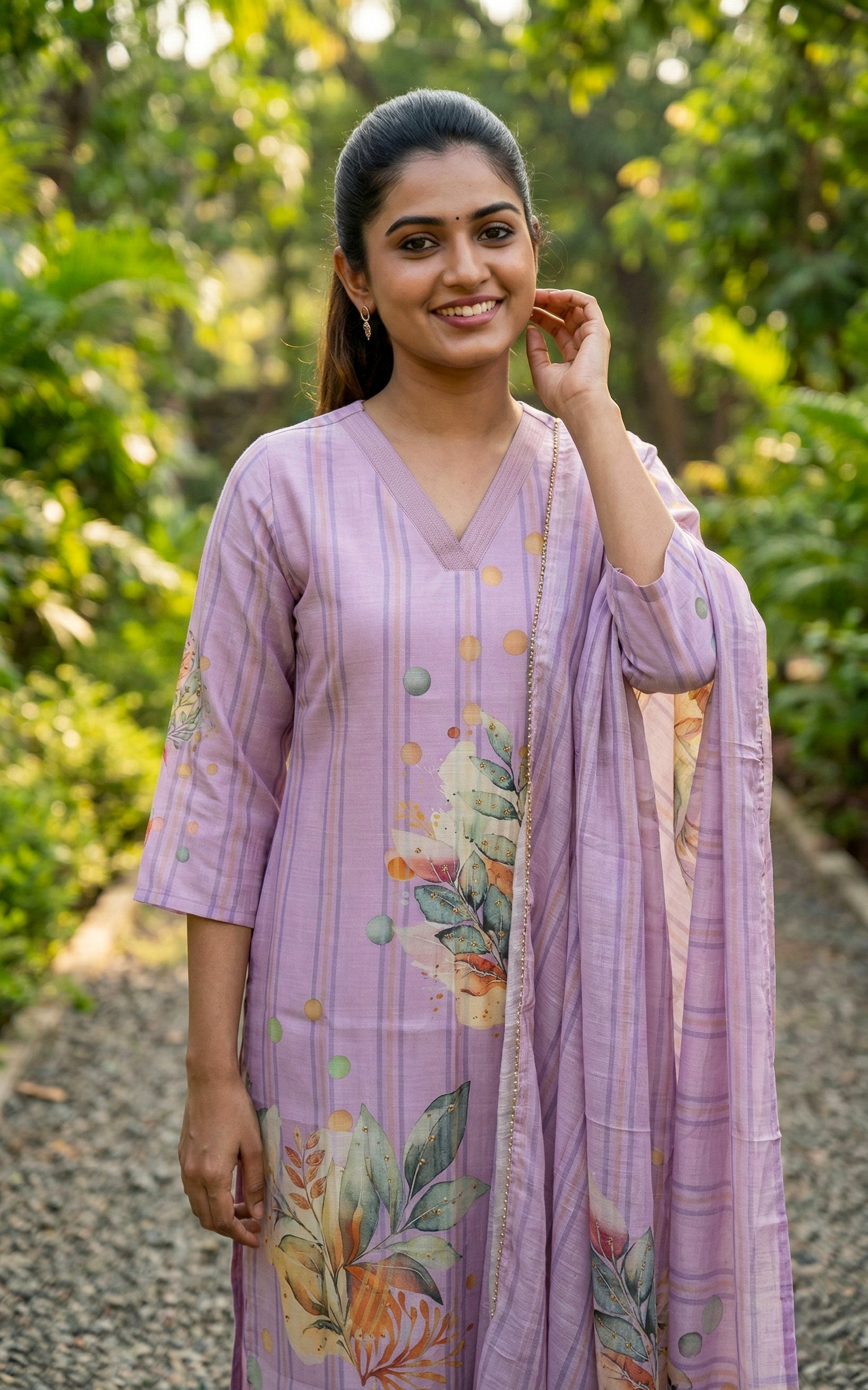 stylish lavender kurti pant set for college
trendy v-neck embroidered kurti set
