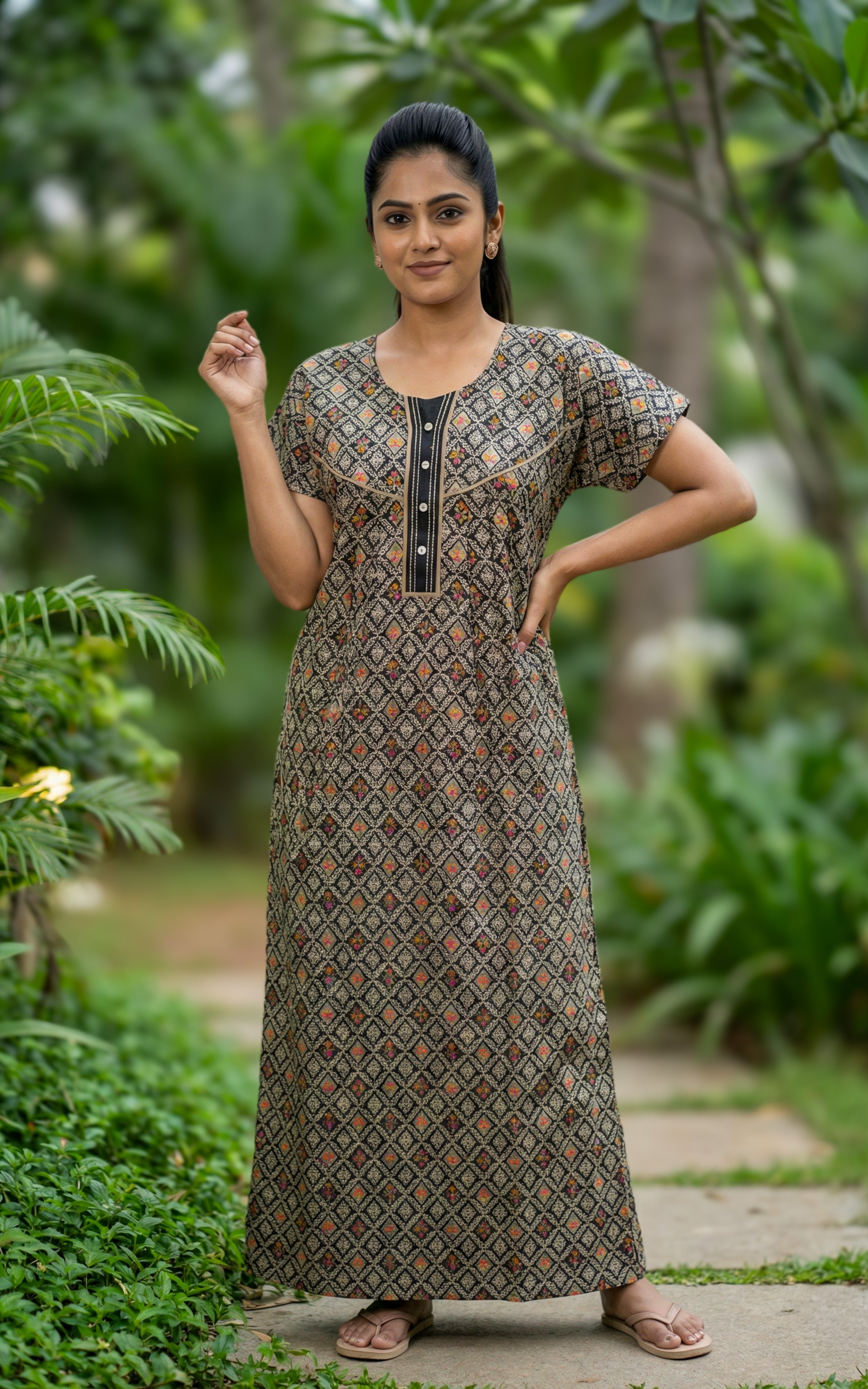 Instore – Black with Multicolor Cotton Long Nighty, All-Over Traditional Print, Round Neck with Front Button Placket & Yoke Detailing, Straight Fit, Women's Sleepwear