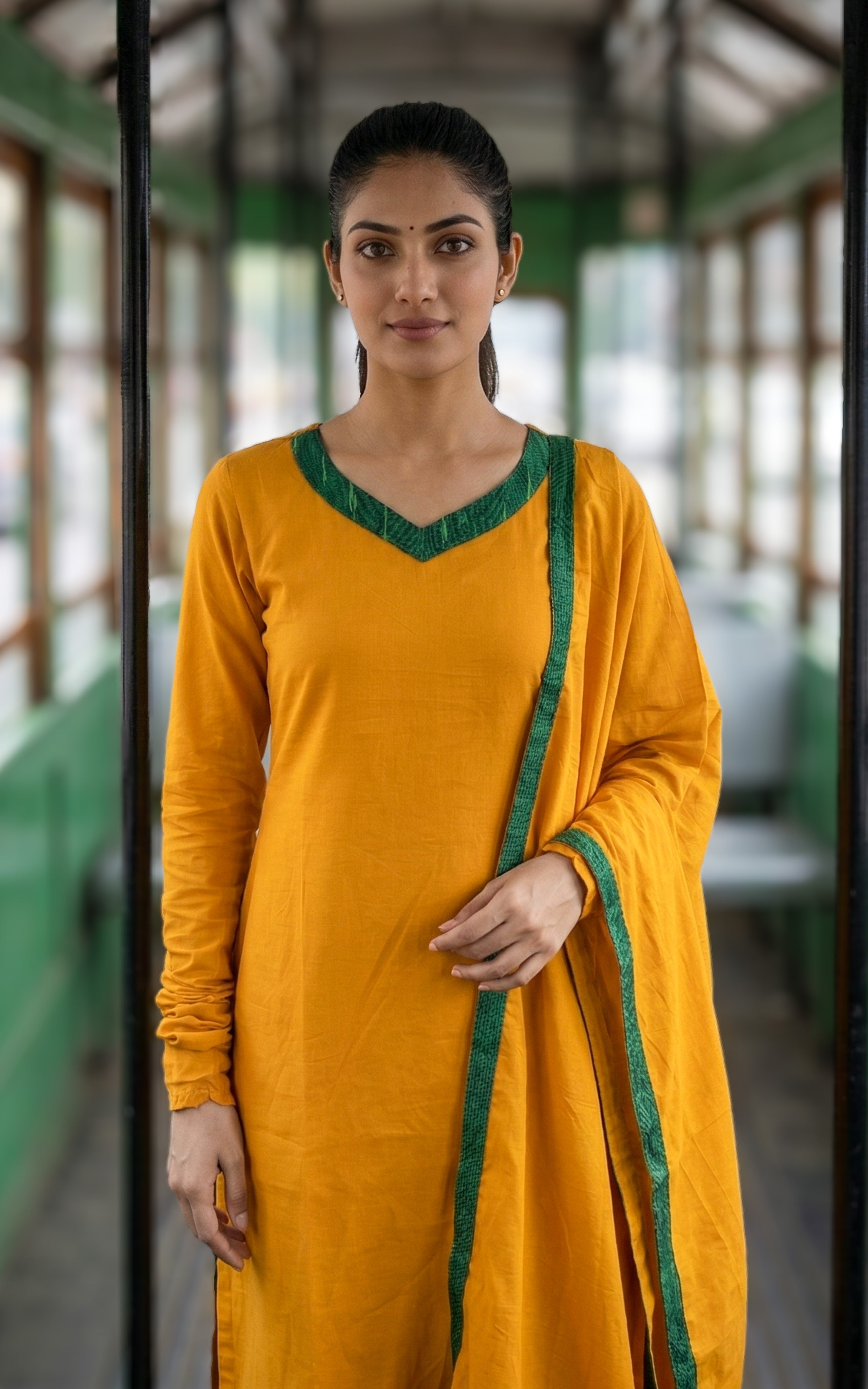 mustard ethnic cotton kurti set
designer cotton kurti with ikkat dupatta