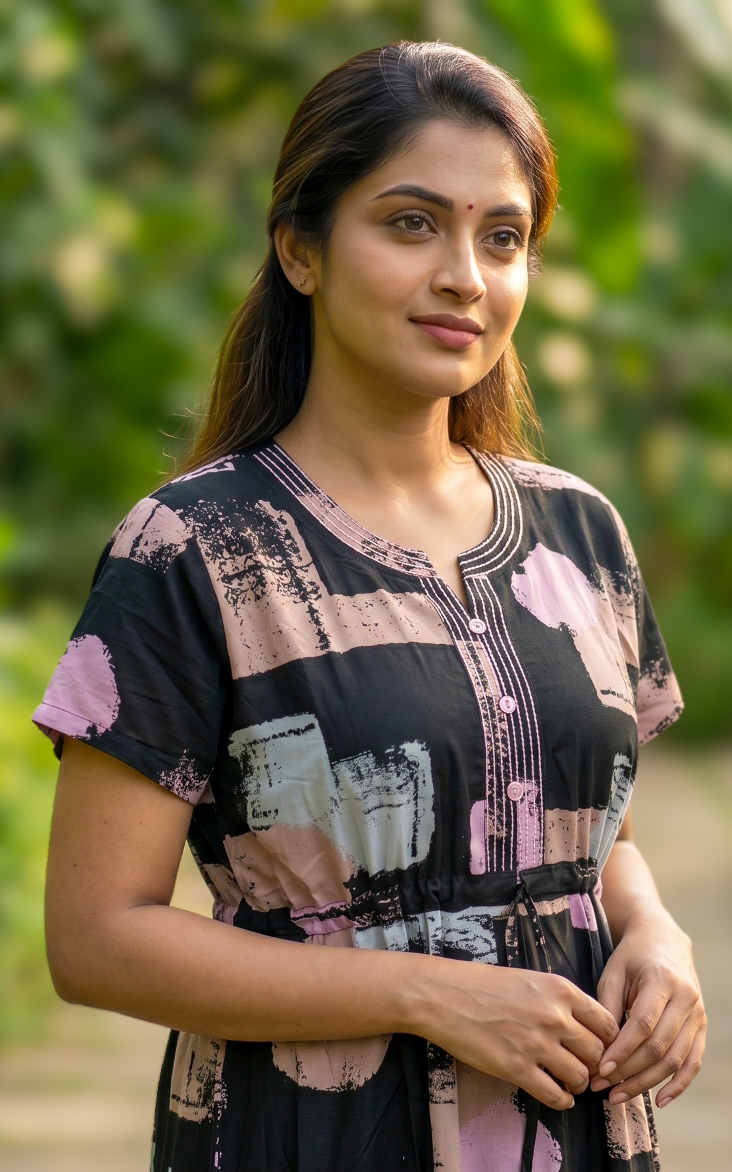 Instore - Black Abstract Brush Print Cotton Long Nighty with Side Pocket, Relaxed Fit, Women's Sleepwear