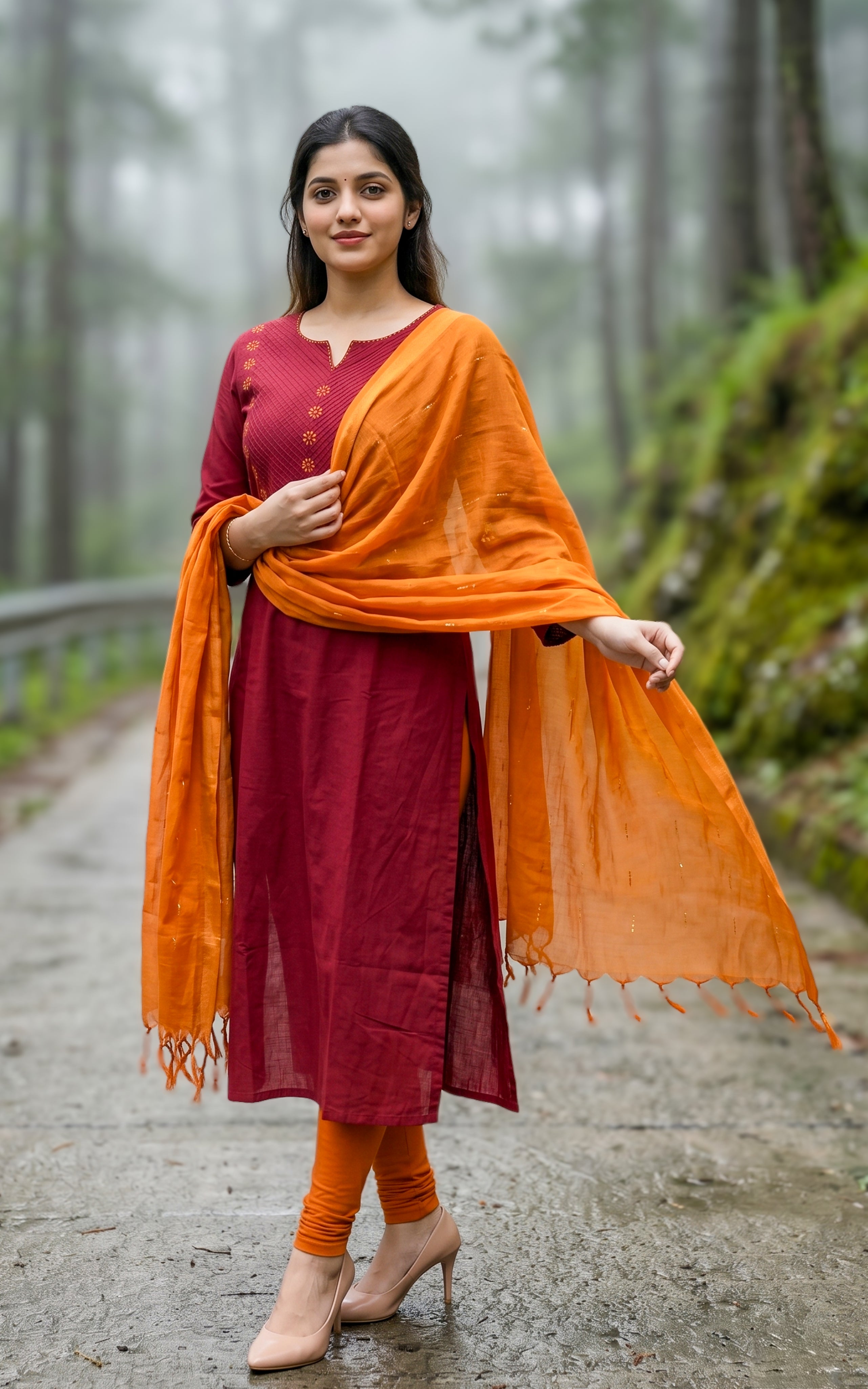 Instore – Maroon Cotton Straight Cut Kurti with Dupatta for Women – Side Slit – Ethnic Wear