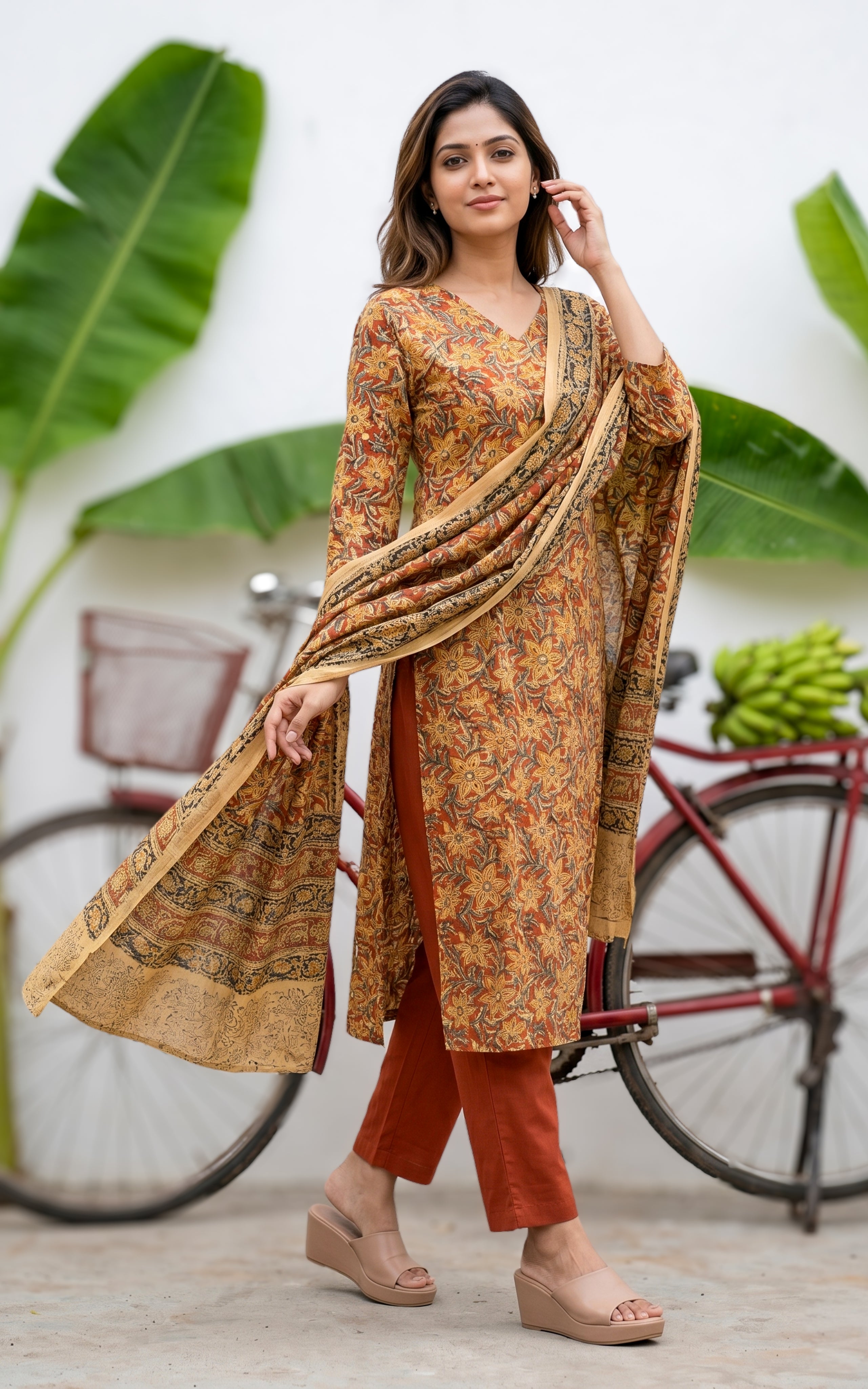 Rust Kalamkari Cotton Kurti For Women