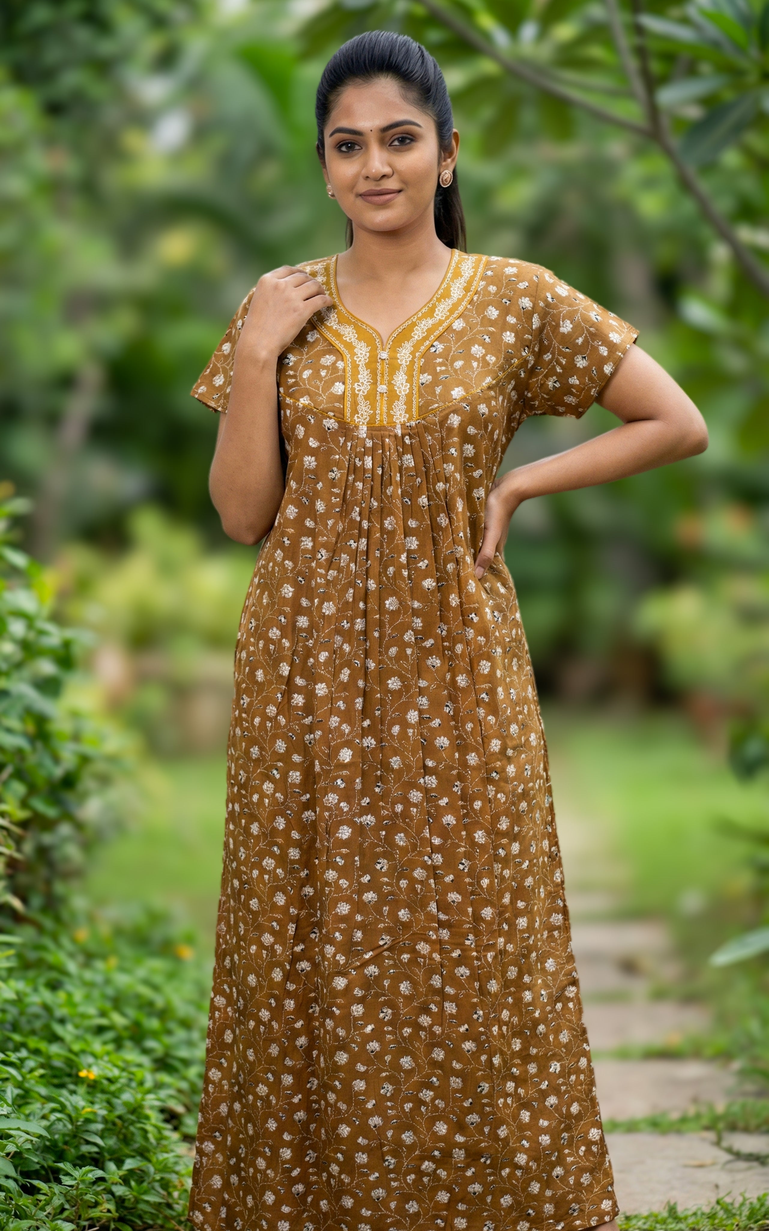 Instore – Dusty Pink Cotton Long Nighty, Floral Print, Round Neck with Contrast Yoke Panel, Relaxed Fit, Women's Sleepwear