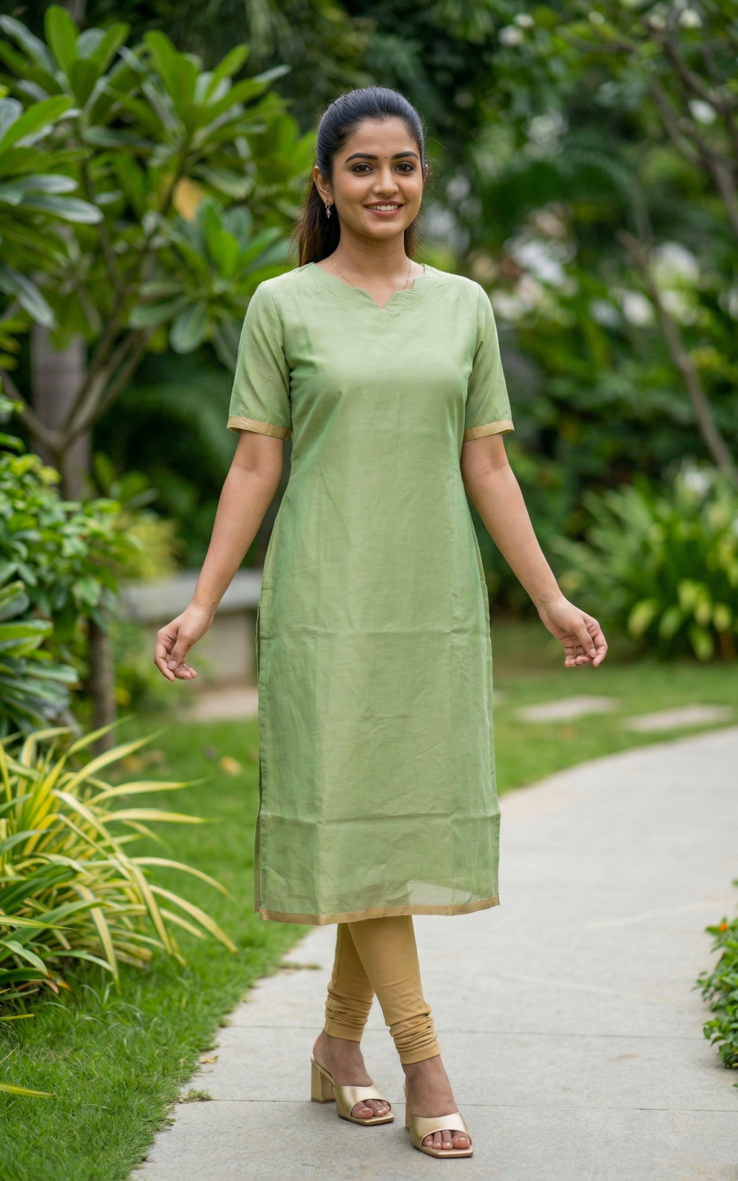 Pista Green Kurti with Side Slit for Office & Casual