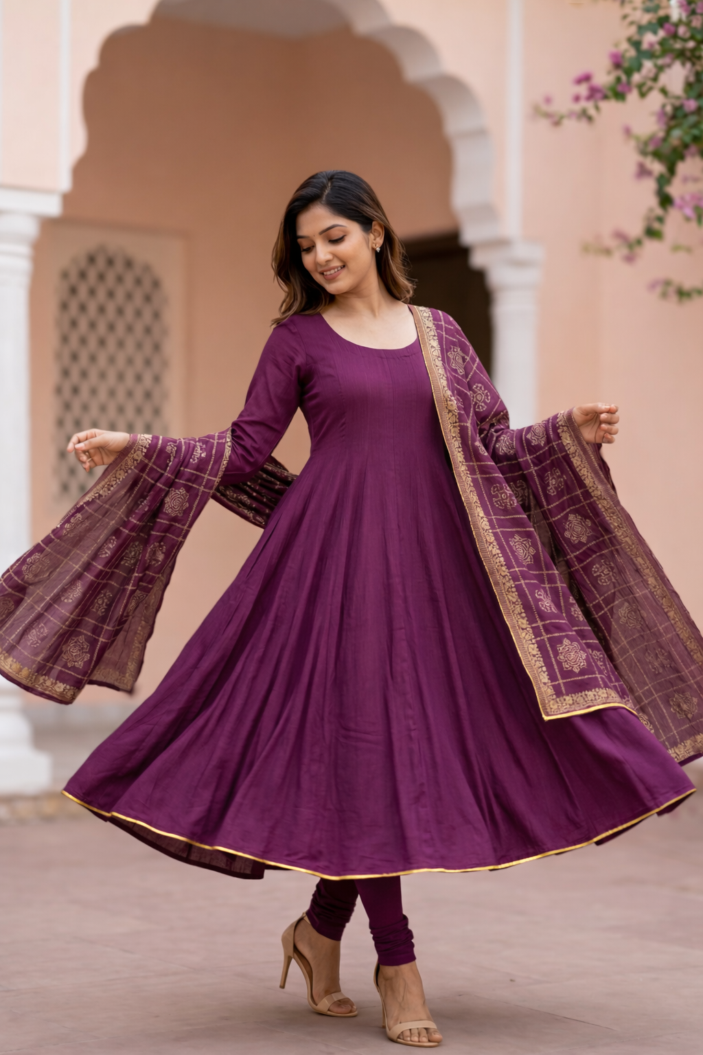 Instore – Plum Sreelekha Anarkali Kurti with Dupatta for Women – Crushed Faux Silk – Golden Detailing – Festive Ethnic Wear