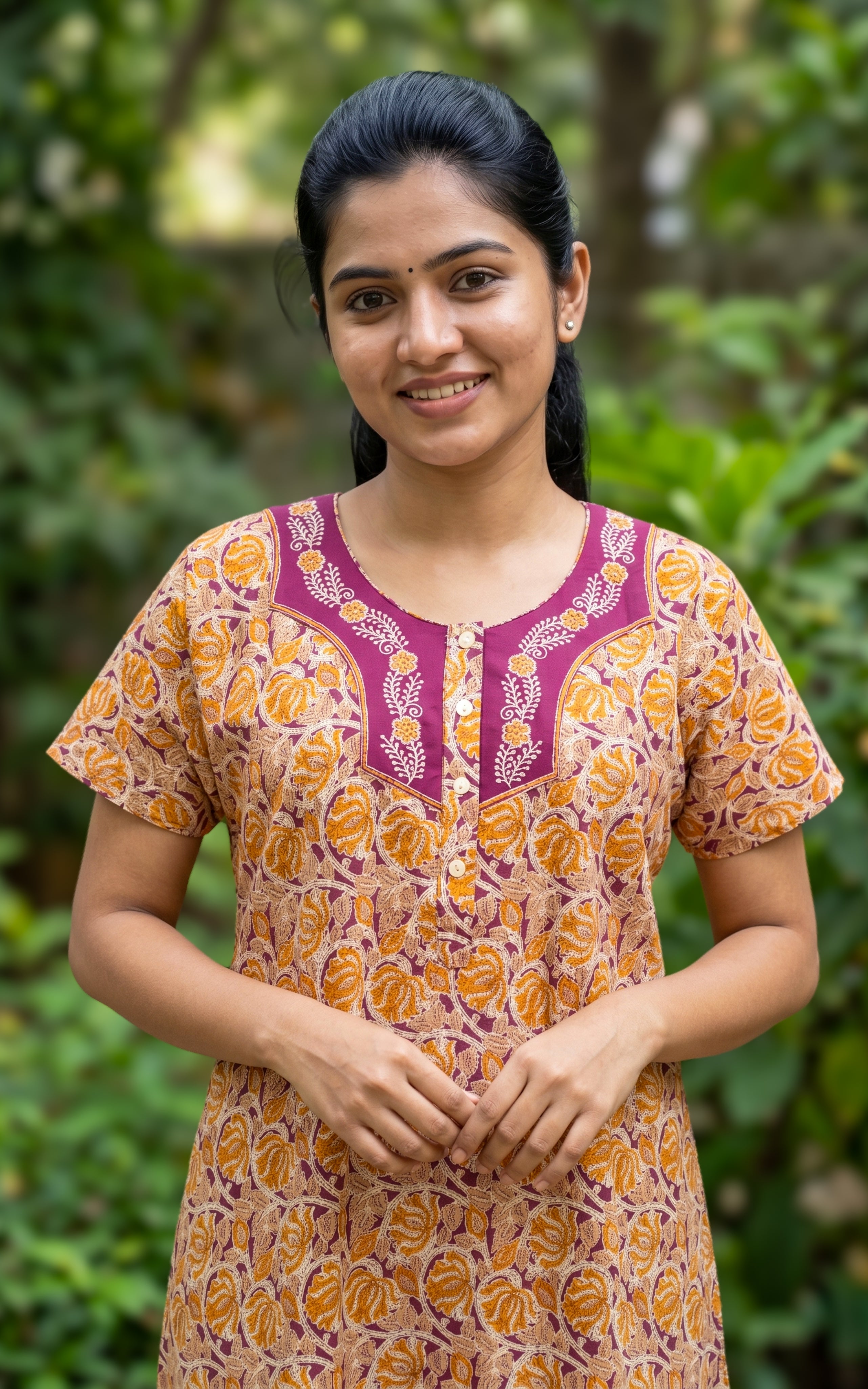 Instore - Multicolor Floral Print Cotton Long Nighty with Side Pocket, Relaxed Fit, Women's Sleepwear