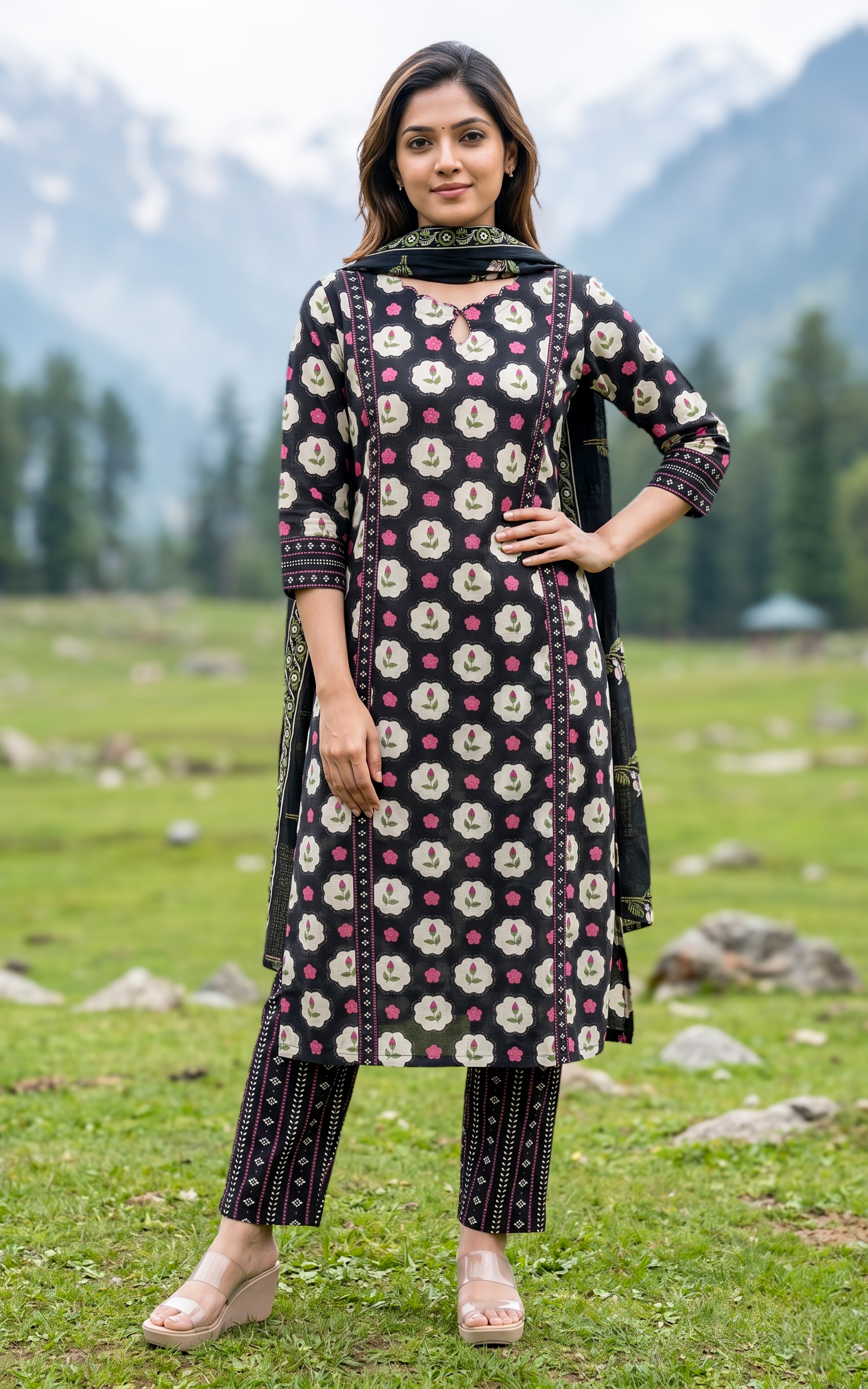 Black Printed Cotton Kurti For Women