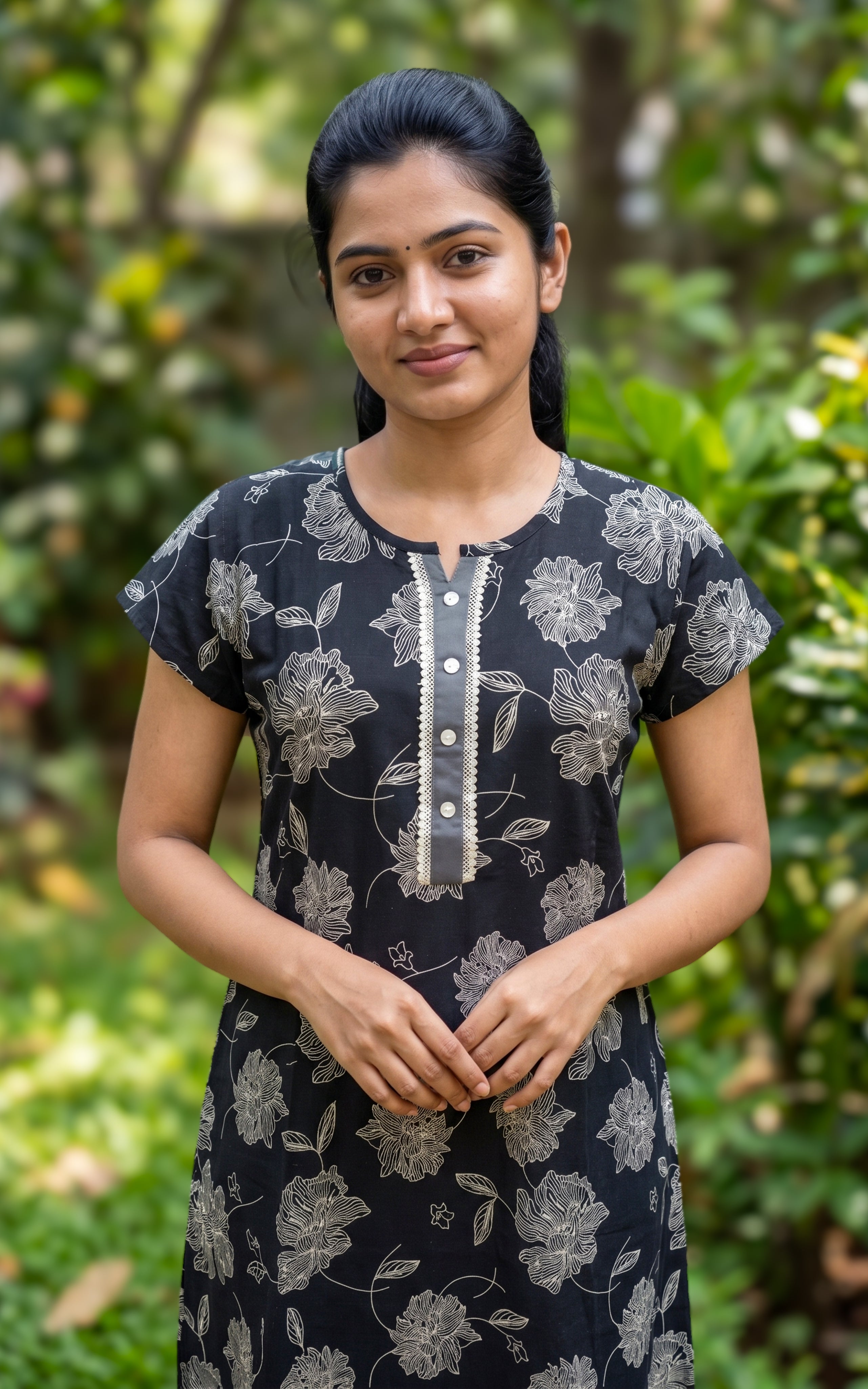 Instore - Black Floral Print Cotton Long Nighty with Button Placket, Side Pocket, Relaxed Fit, Women's Sleepwear
