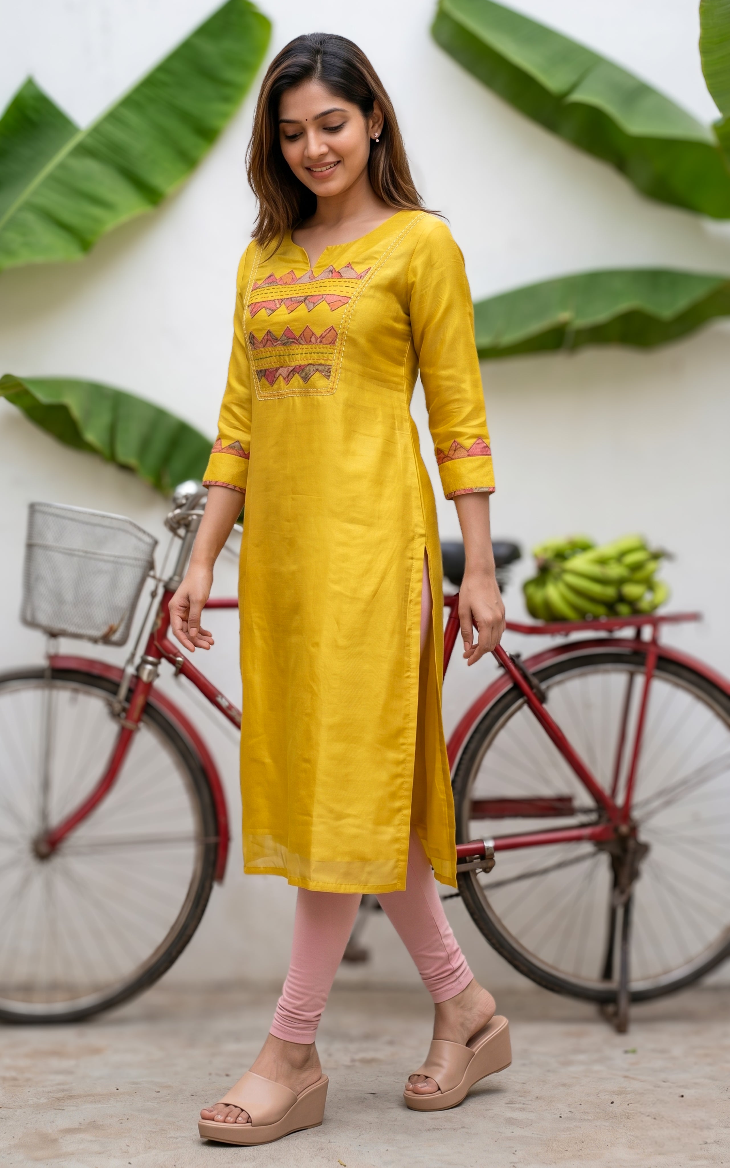 Simple Mustard Yellow Art Silk Kurti For Women