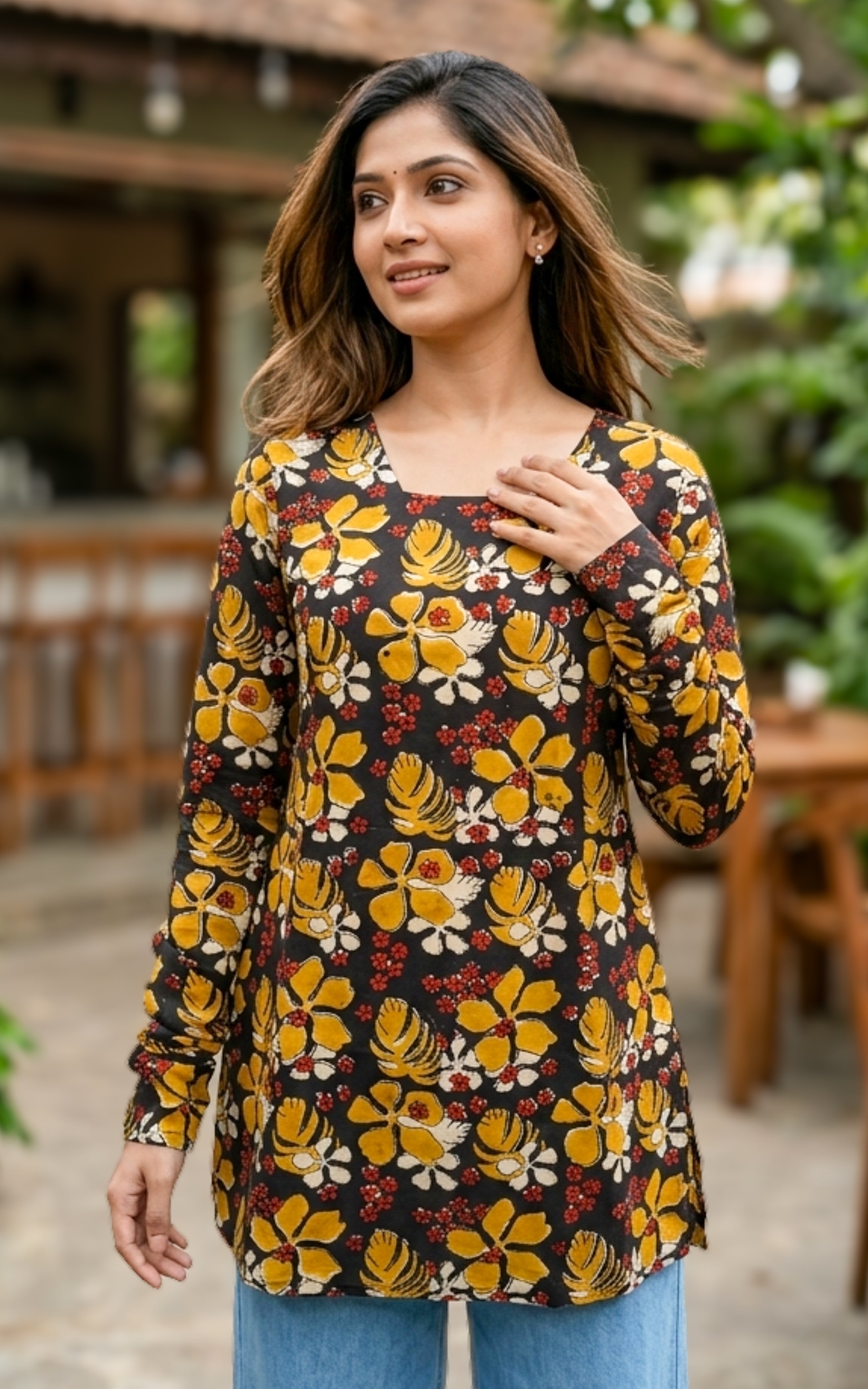 Cotton kurti with criss cross back design
Straight cut short kurti for women