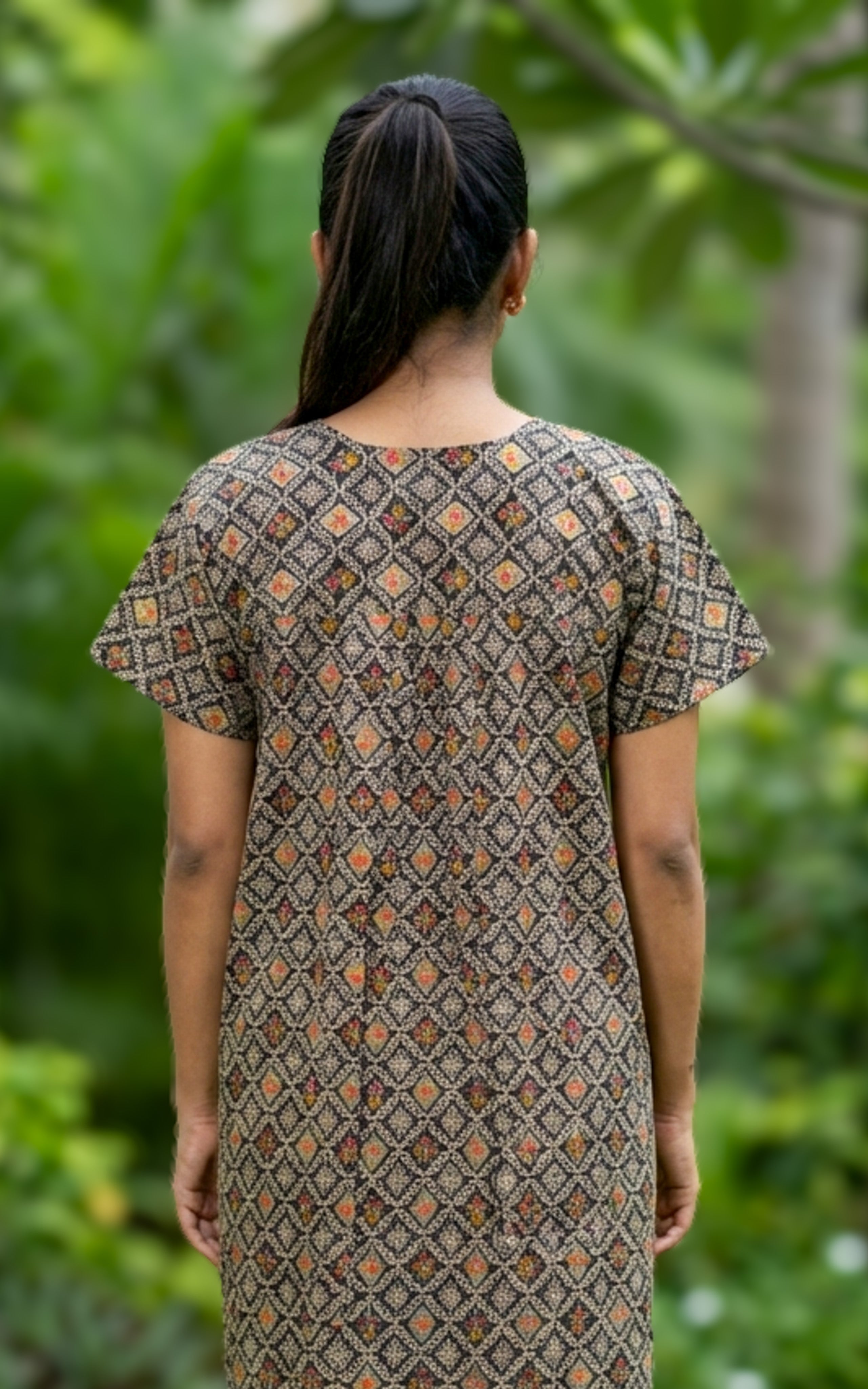 Instore – Black with Multicolor Cotton Long Nighty, All-Over Traditional Print, Round Neck with Front Button Placket & Yoke Detailing, Straight Fit, Women's Sleepwear