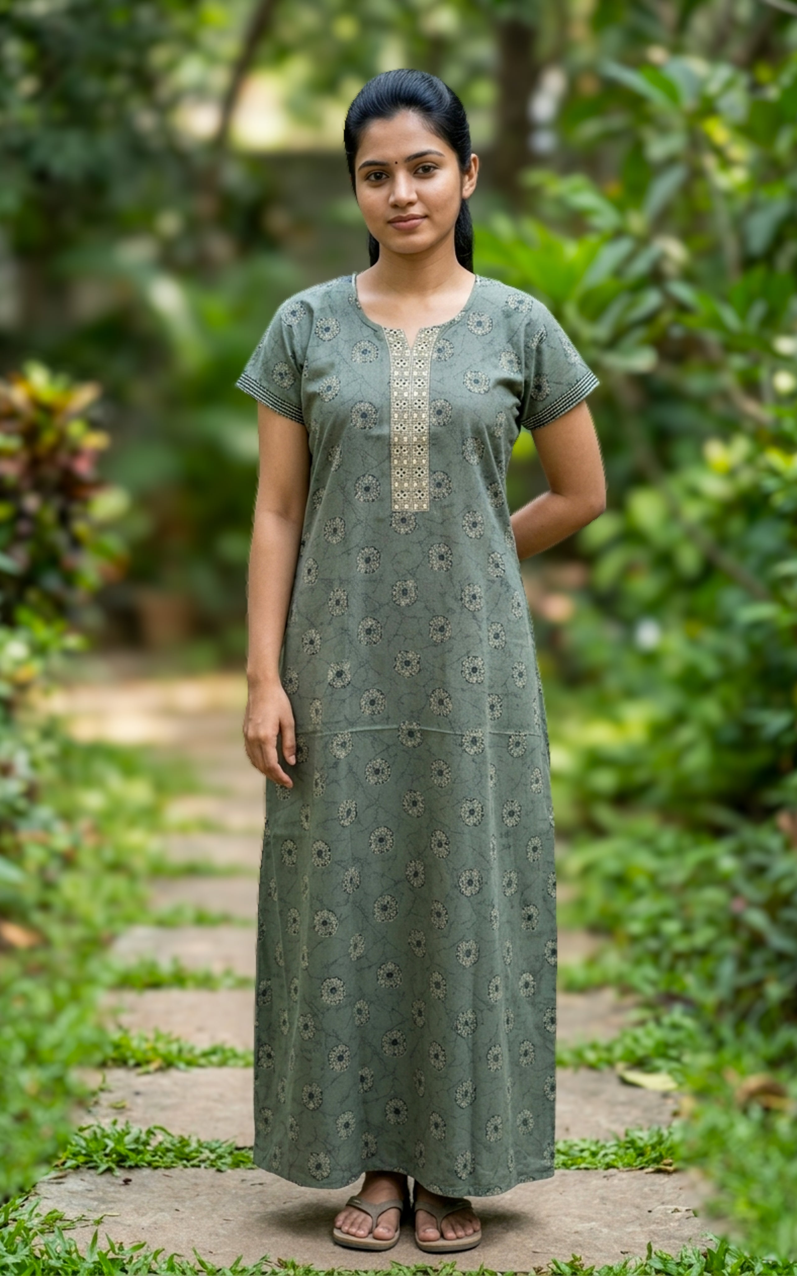 Instore - Grey Floral Print Cotton Long Nighty with Side Pocket, Relaxed Fit, Women's Sleepwear