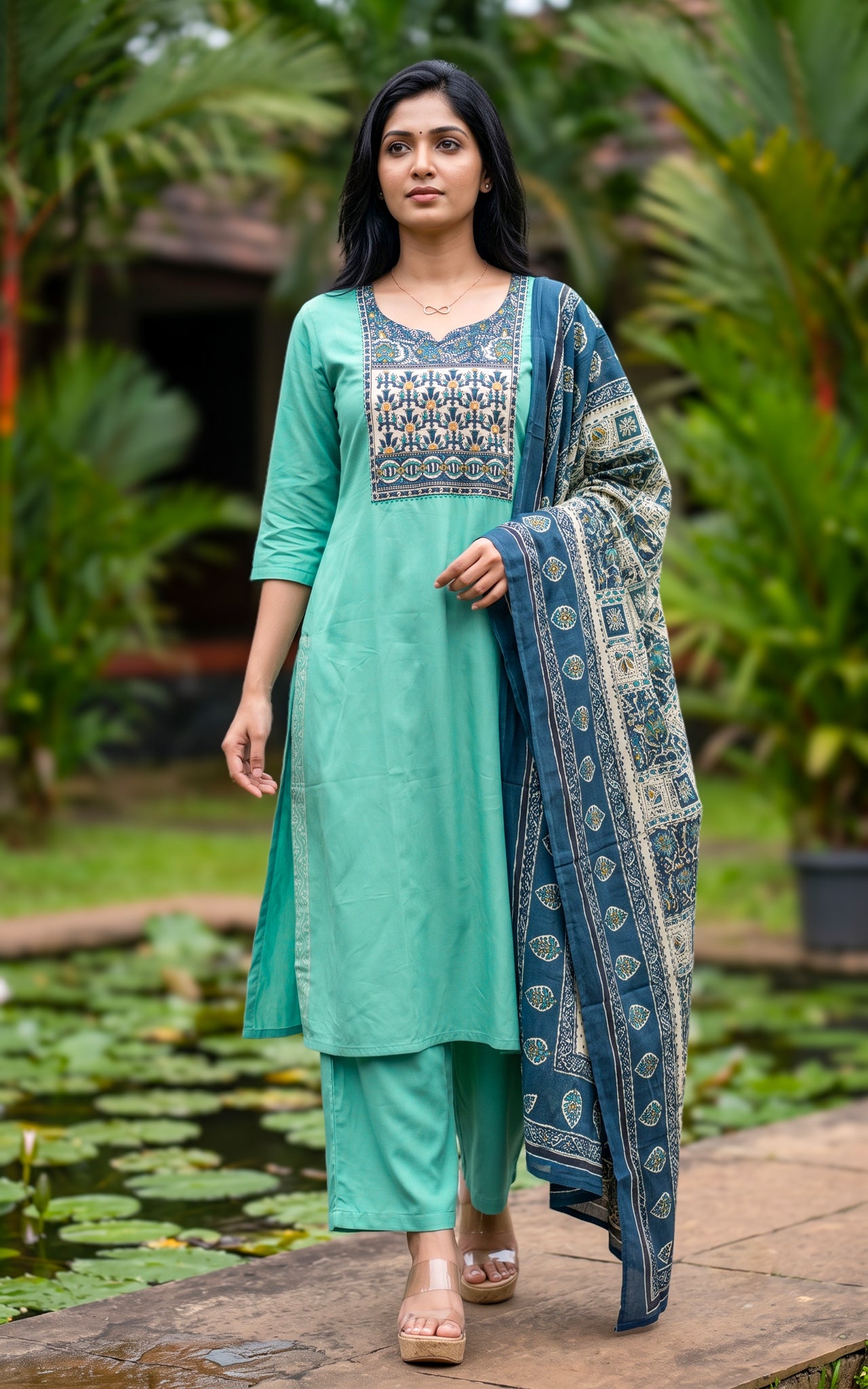 Ranvika Mint Green Handblock (Kurti+Pant+Dupatta)