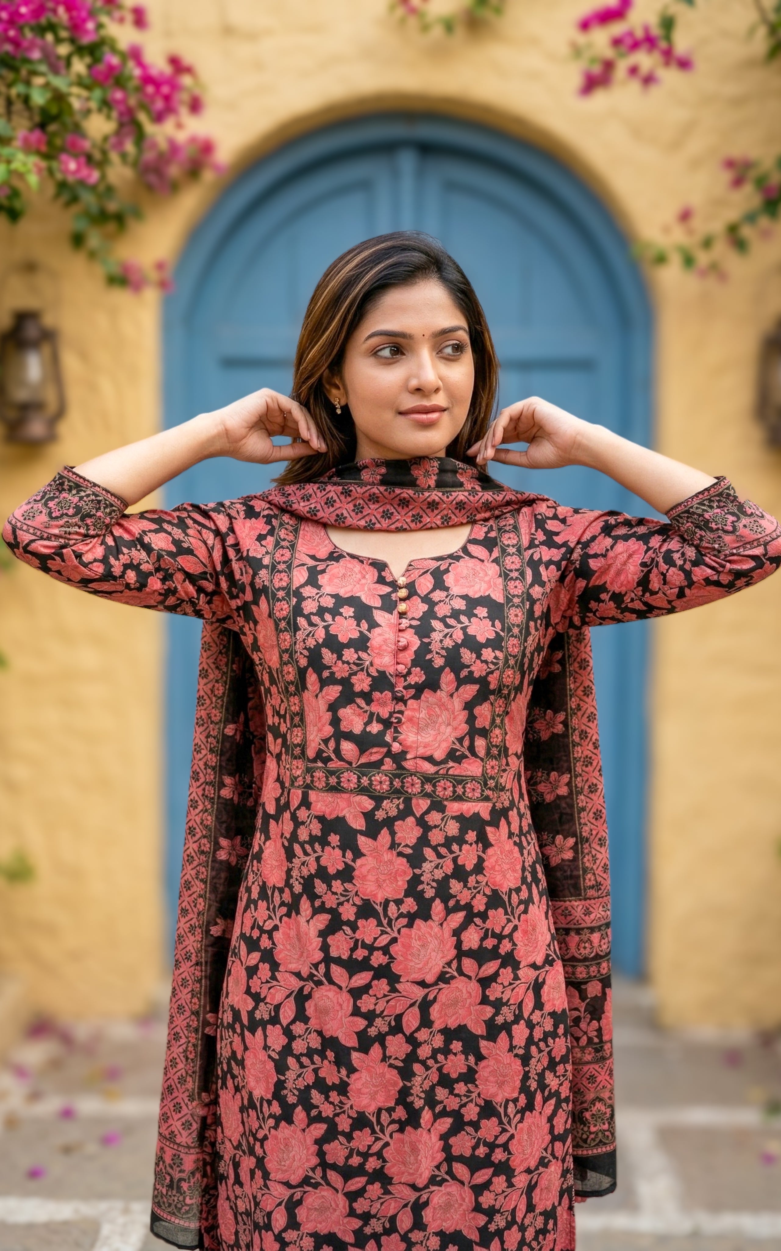 black cotton kurti with pants and dupatta for women