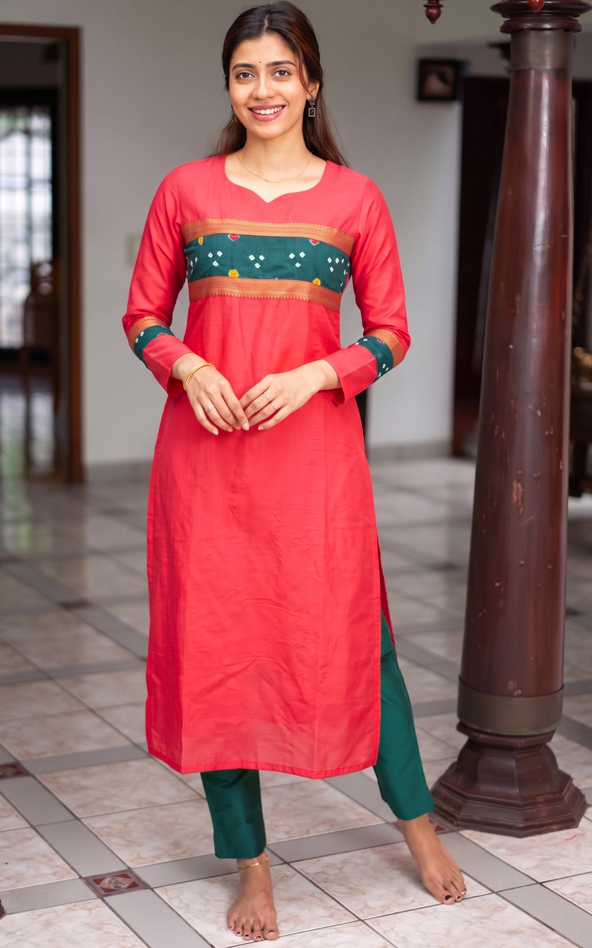 Pinkish Red Silk Cotton Designer Straight Cut Kurti for Women