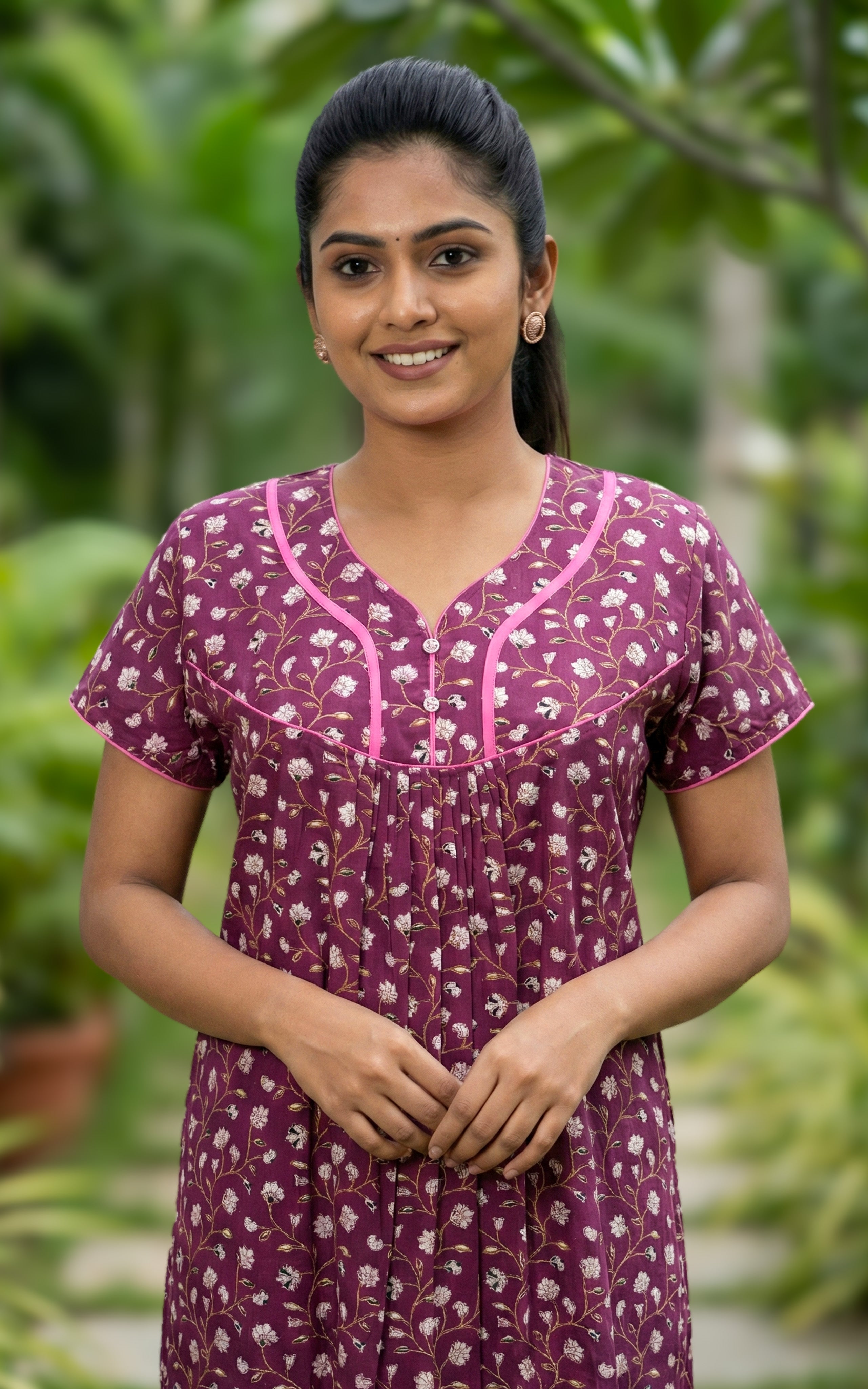 Instore – Wine Cotton Long Nighty, All-Over Small Floral Design, Round Neck with Pink Contrast Piping & Button Placket, Relaxed Fit, Women's Sleepwear