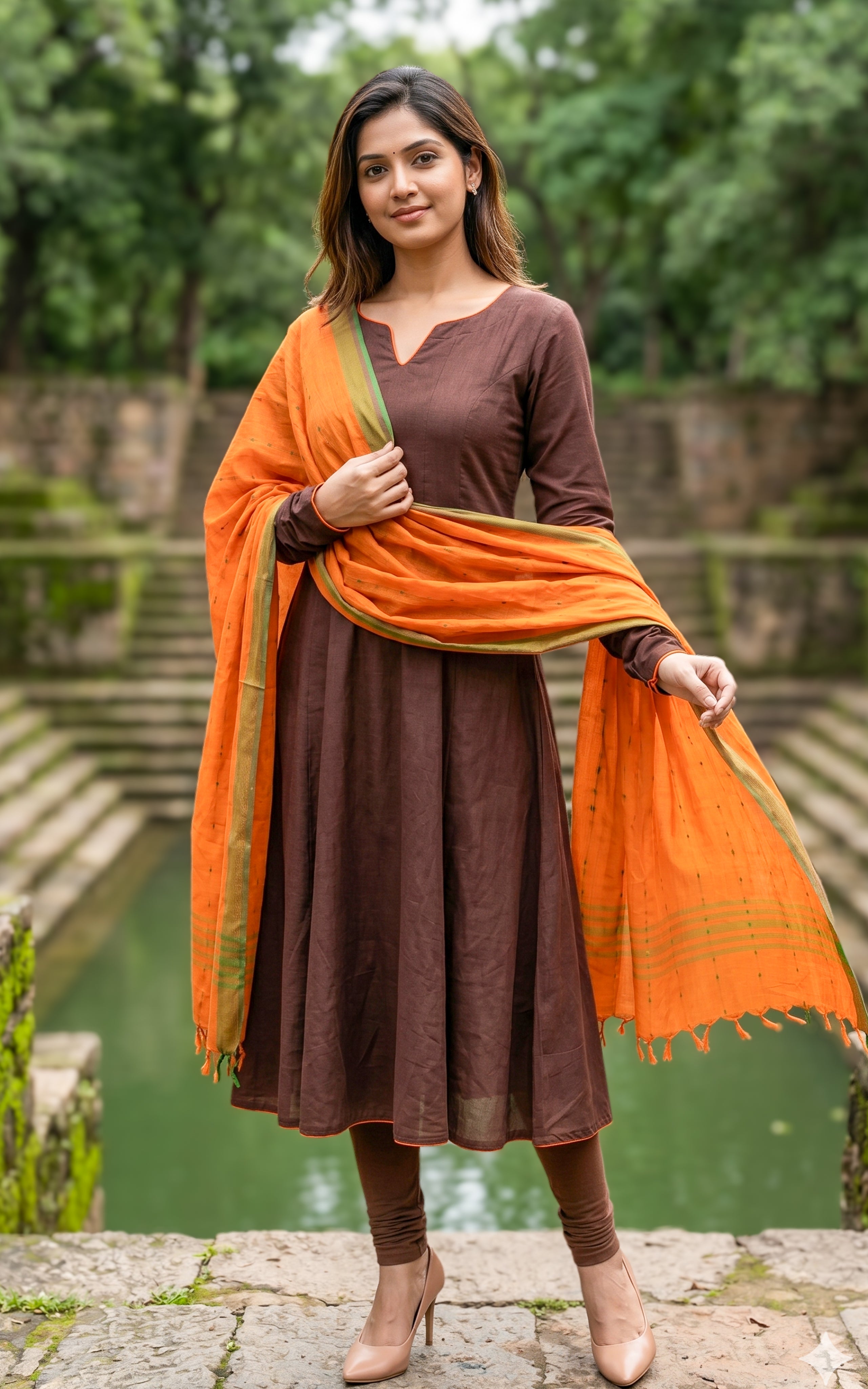 Instore – Brown Slub Synthetic Anarkali Kurti with Dupatta for Women – Gathered Sleeves – Ethnic Wear