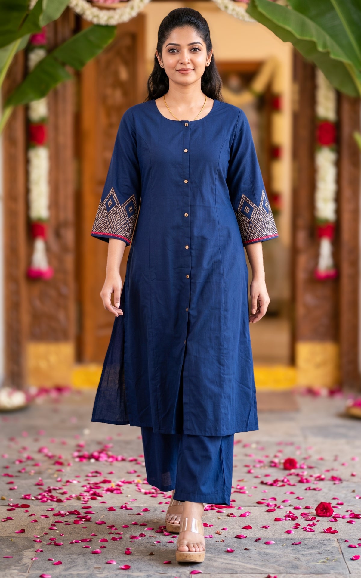 Navy Blue Cotton Ethnic Wear Kurti Set for Women