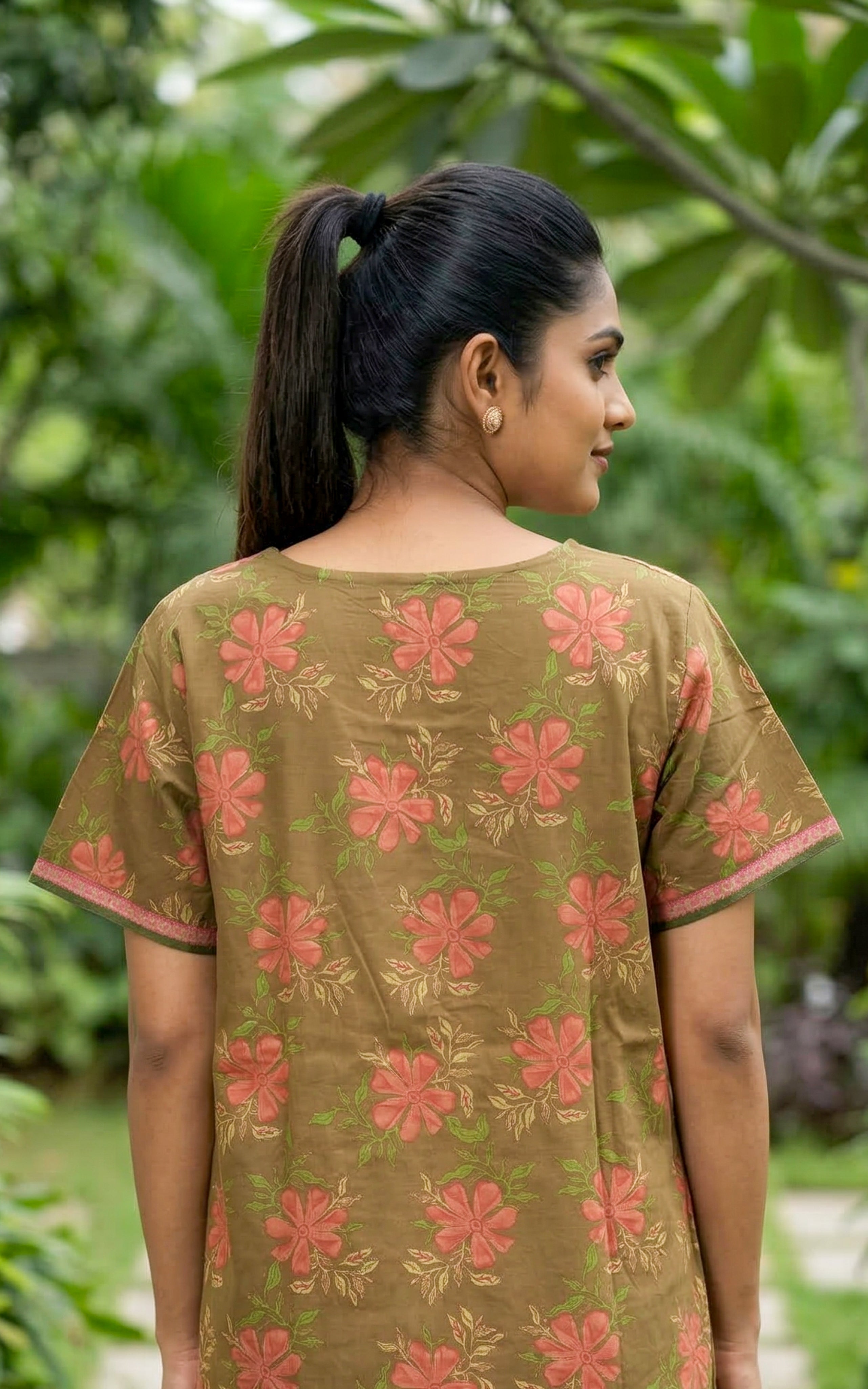 Instore – Olive Brown Cotton Long Nighty, Floral Motif Print, Round Neck with Printed Yoke Panel, Relaxed Fit, Women's Sleepwear