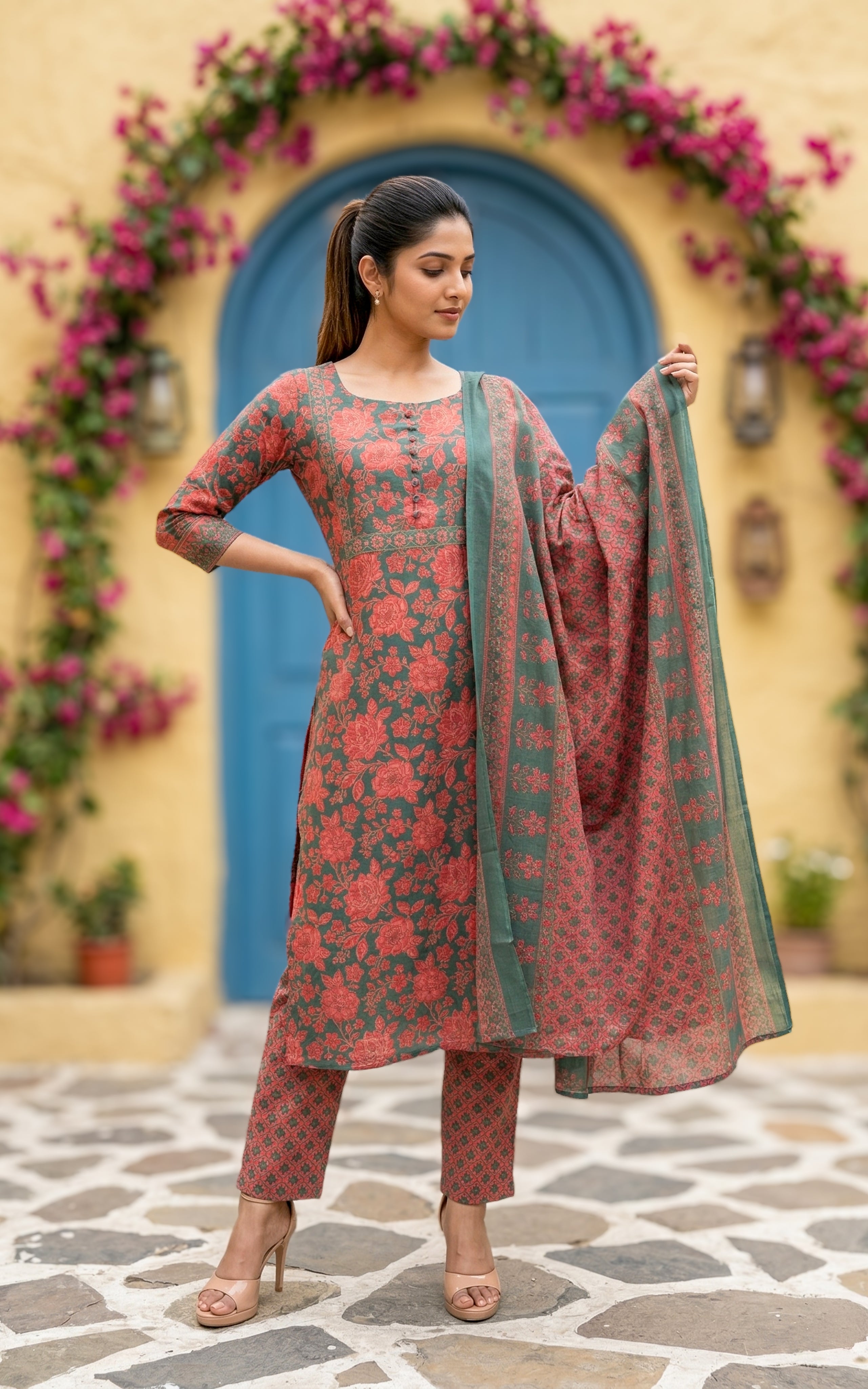 Elegant printed cotton kurti with matching dupatta