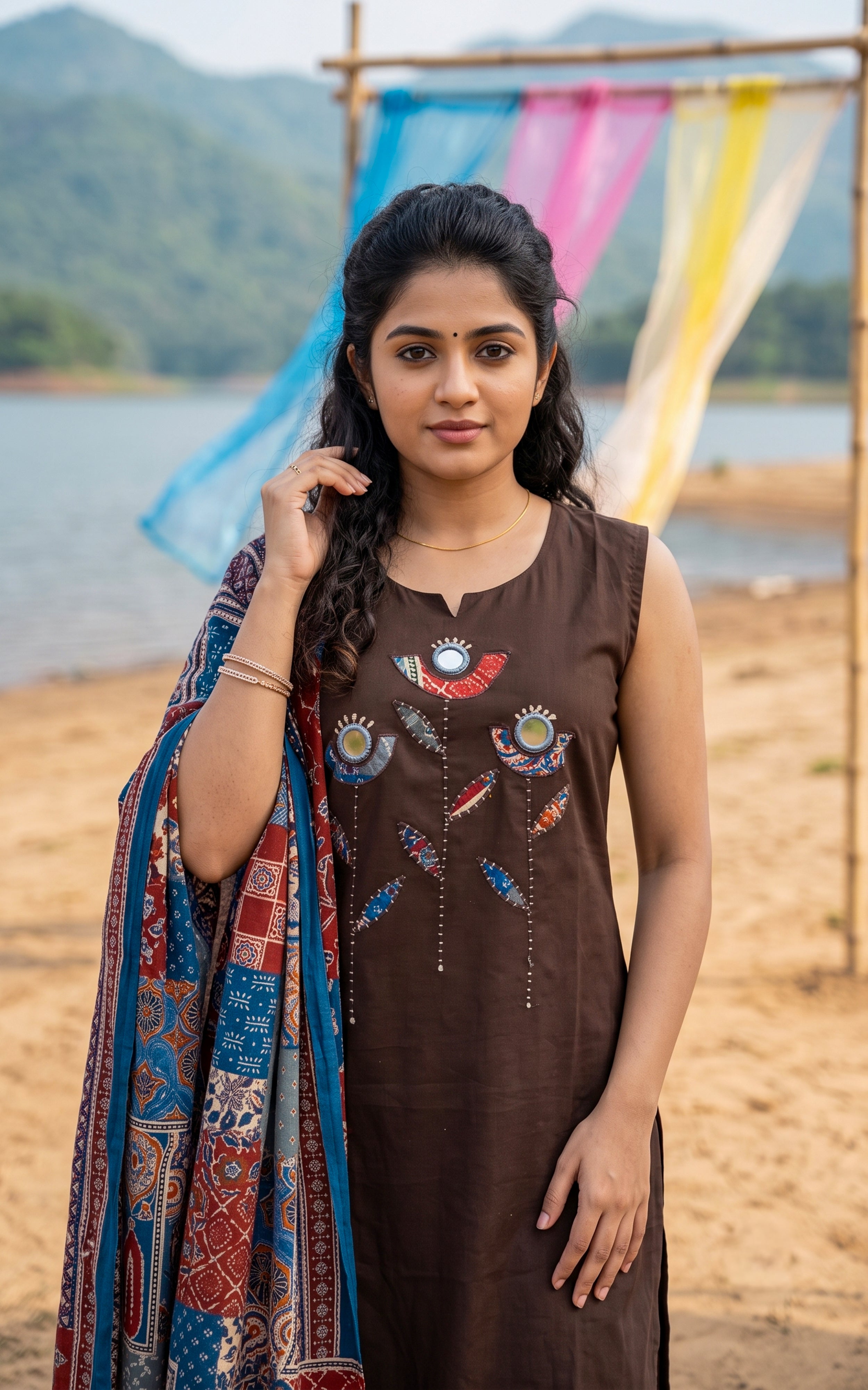 Instore – Brown Carolina Kurti Pant Dupatta Set for Women – Cotton – Printed – Ethnic Wear
