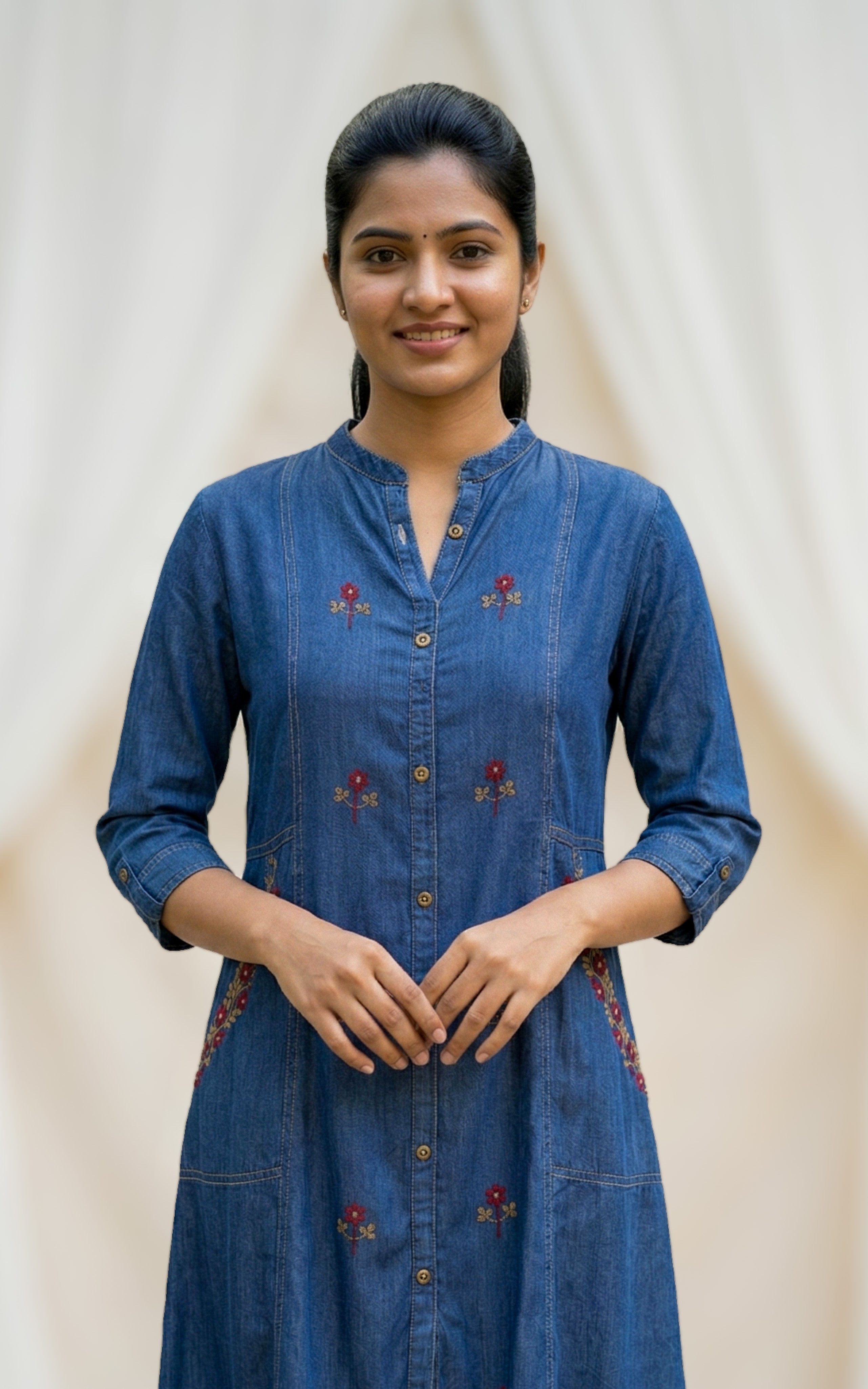 denim aline kurti with embroidery
front slit denim kurti
denim kurti with one side pocket
casual denim kurti for women
daily wear denim kurti