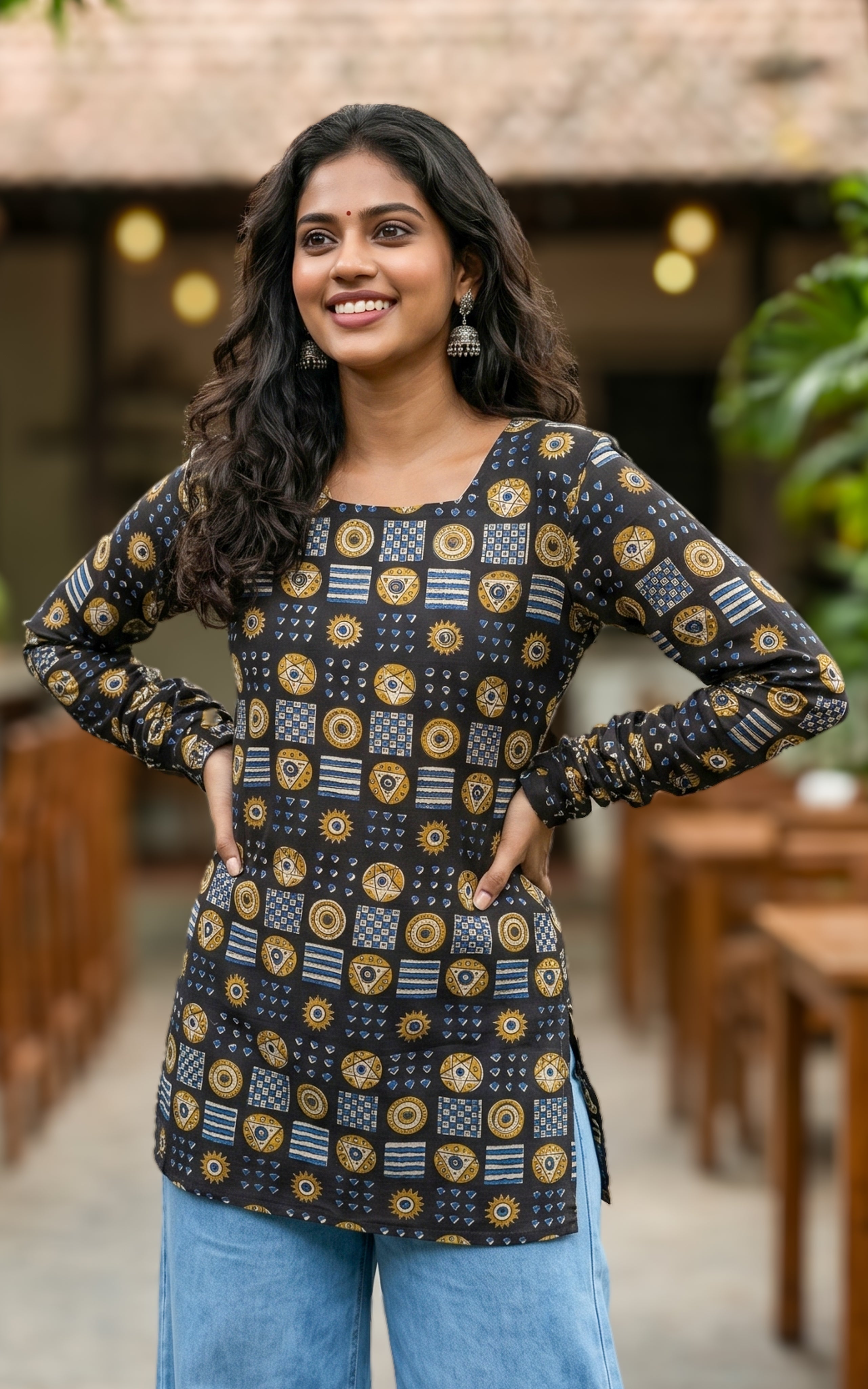 Cotton kurti with criss cross back design
Straight cut short kurti for women