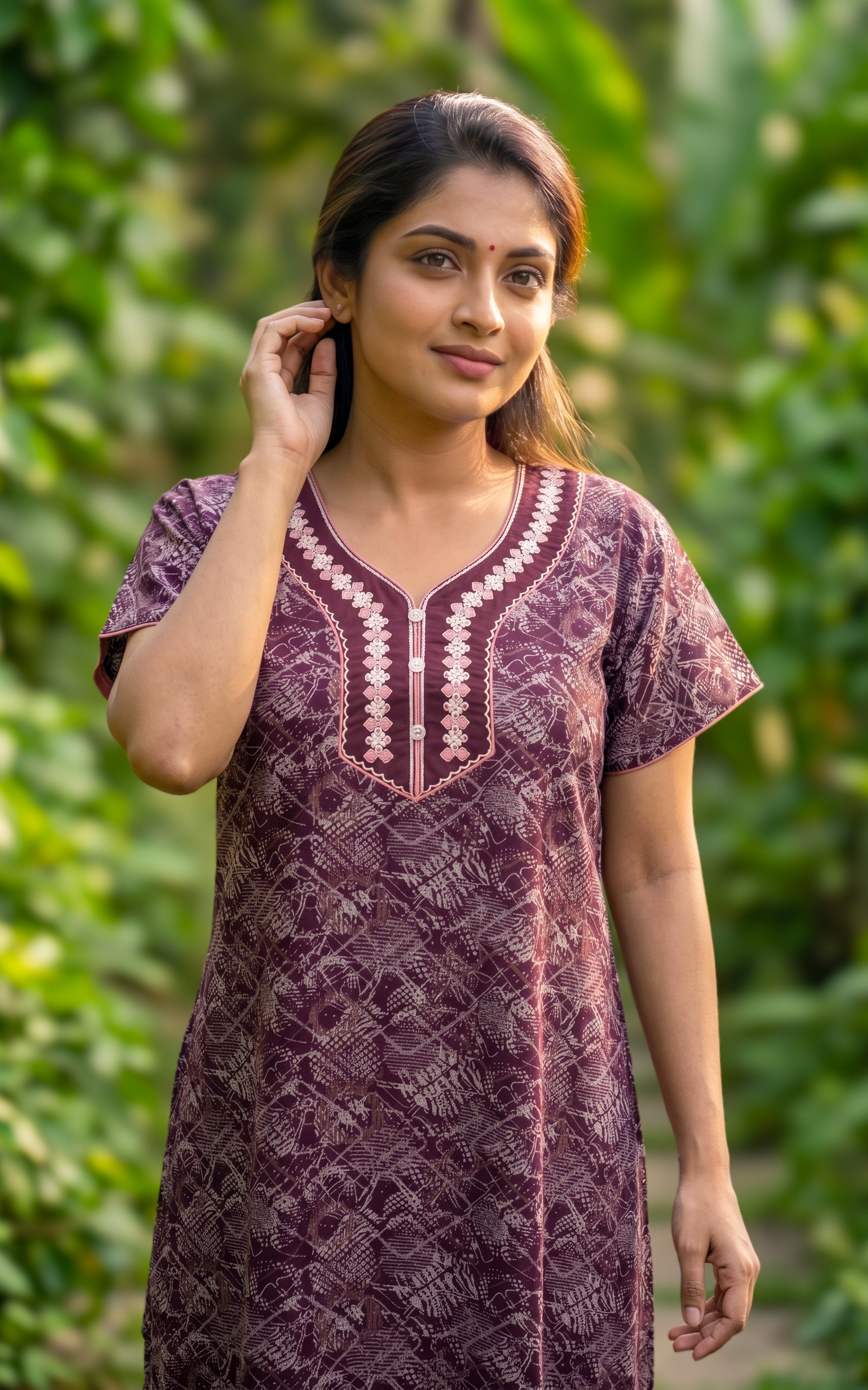 Instore - Plum Floral Print Cotton Long Nighty with Side Pocket, Relaxed Fit, Women's Sleepwear