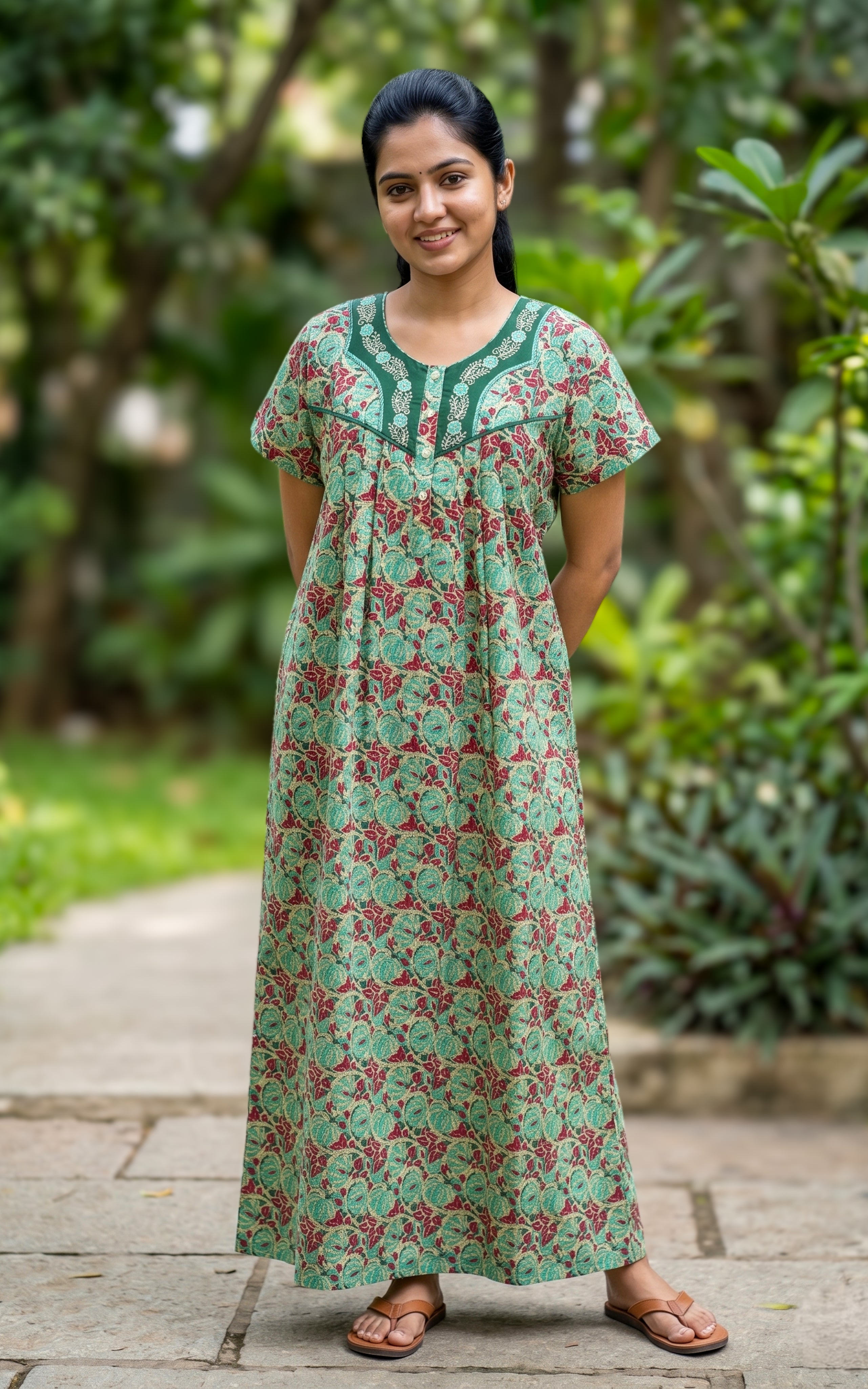 Instore - Green Floral Print Cotton Long Nighty with Embroidery Yoke, Side Pocket, Relaxed Fit, Women's Sleepwear