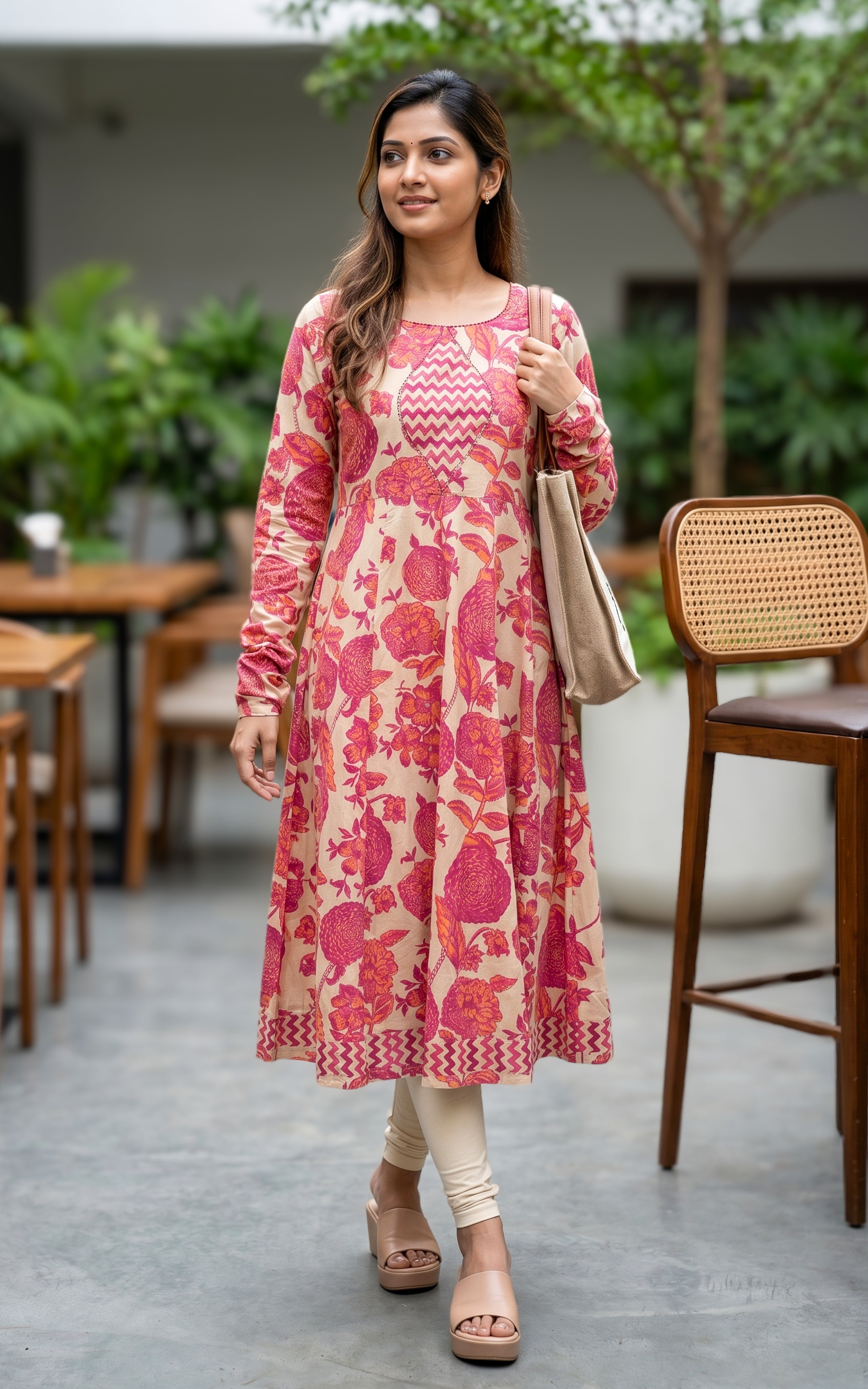 Peach ethnic cotton Anarkali kurti for women