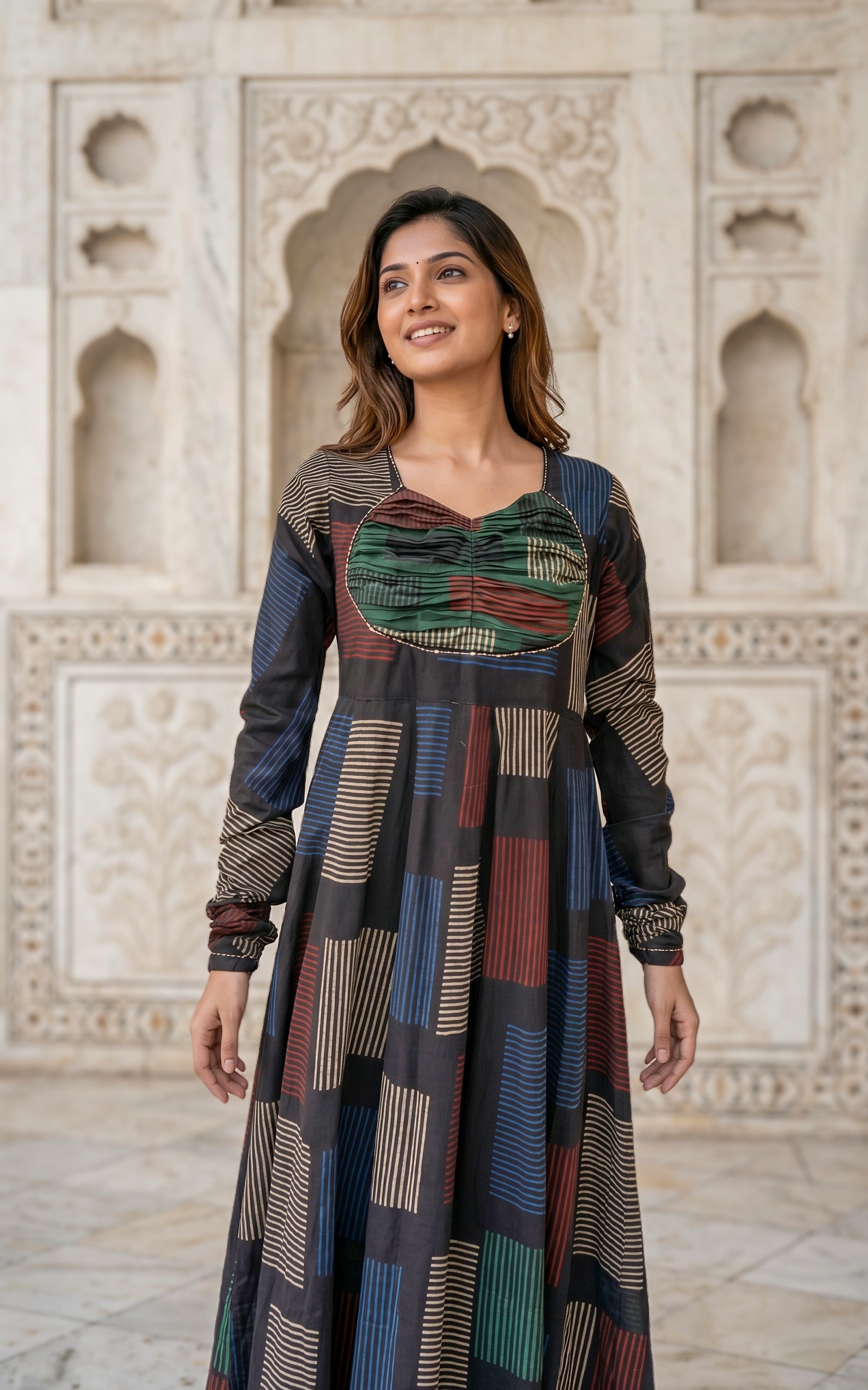 Instore - Black Color Printed Cotton Flared Anarkali Kurti with Line Embroidery & Sweetheart Neck with Gathered Sleeve