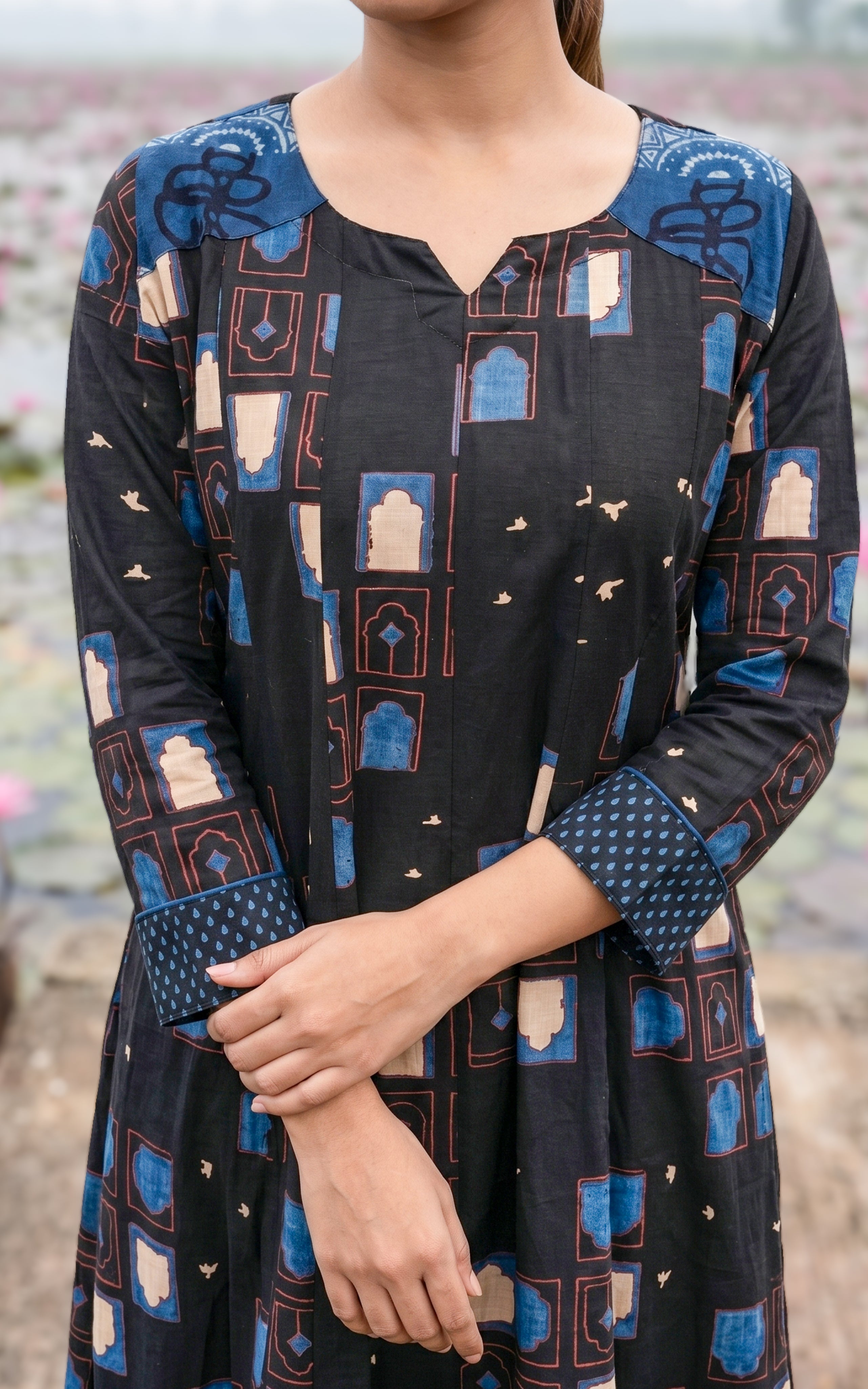 Instore-Seethalakshmi (Kurti+Pant+Dupatta)-Cotton-Anarkali -with One Side Pocket -Straight Pant -Dupatta -Black-Summer collection-Daily wear-office wear-college wear-ethnic wear