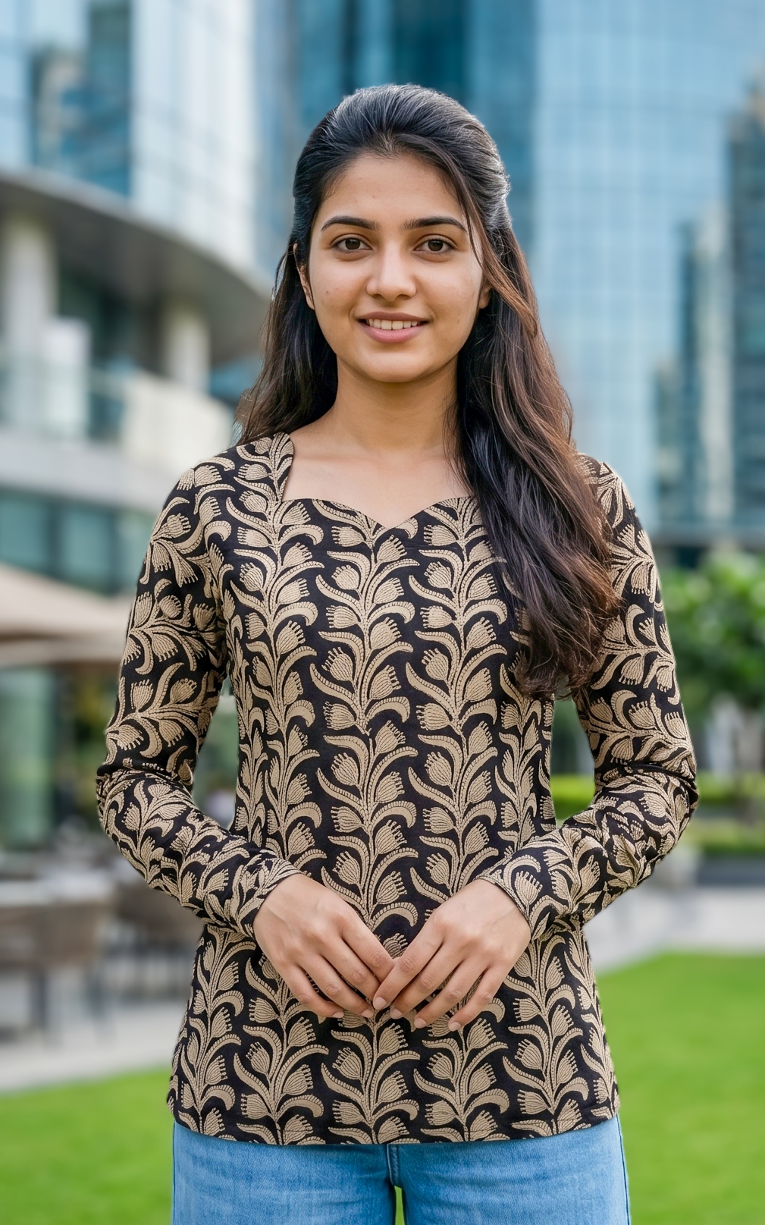INSTORE -Taj Mahal -Cotton -Short Straight Cut Kurti -Sweet heart Neck-Gathered Sleeve -Daily vogue-college wear- Office wear