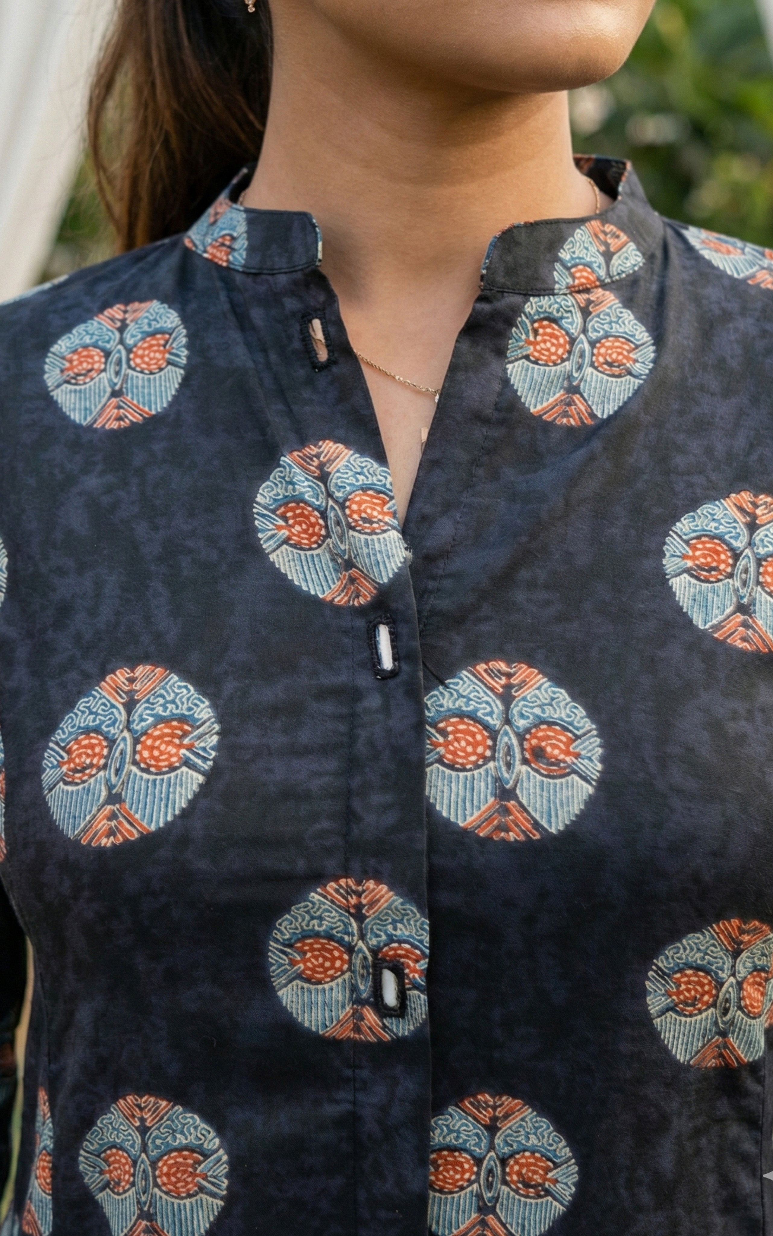 Black Cotton Mandarin Neck Straight Cut Kurti For Women