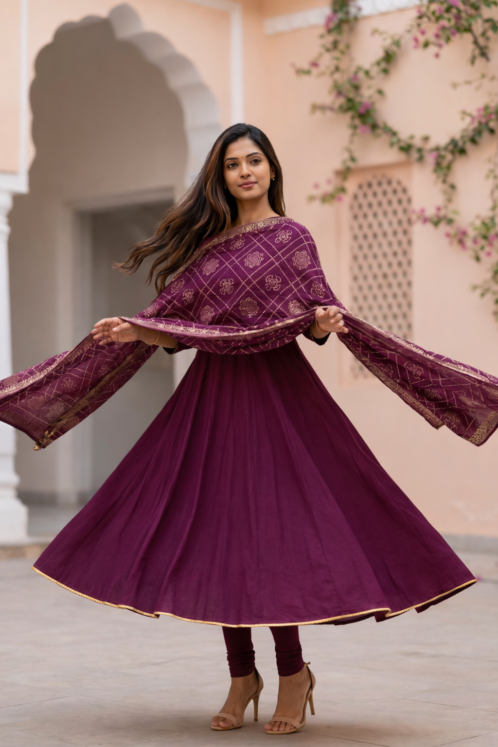 Instore – Plum Sreelekha Anarkali Kurti with Dupatta for Women – Crushed Faux Silk – Golden Detailing – Festive Ethnic Wear
