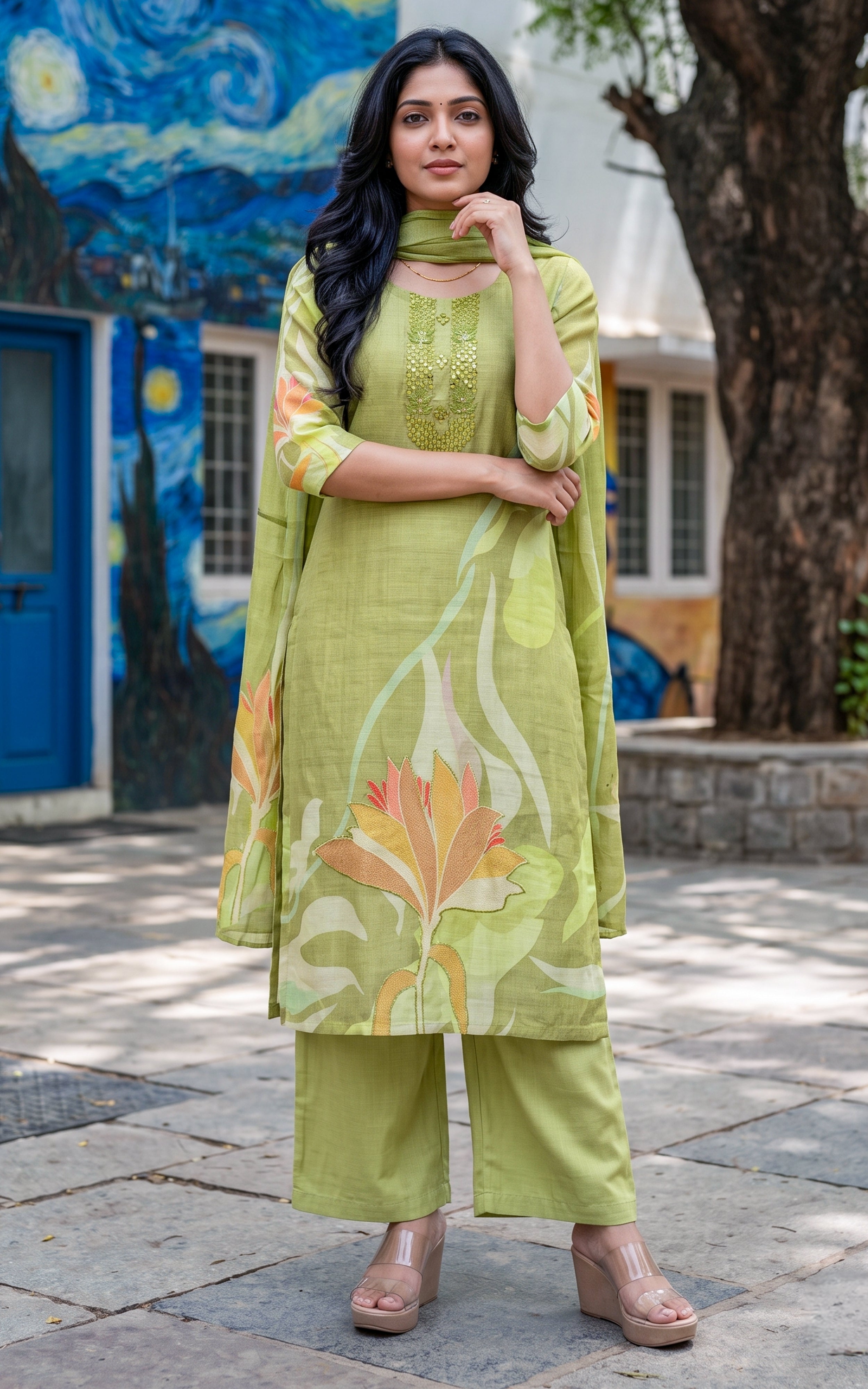 Pista Green Art Silk Office Wear Kurti Set for Women