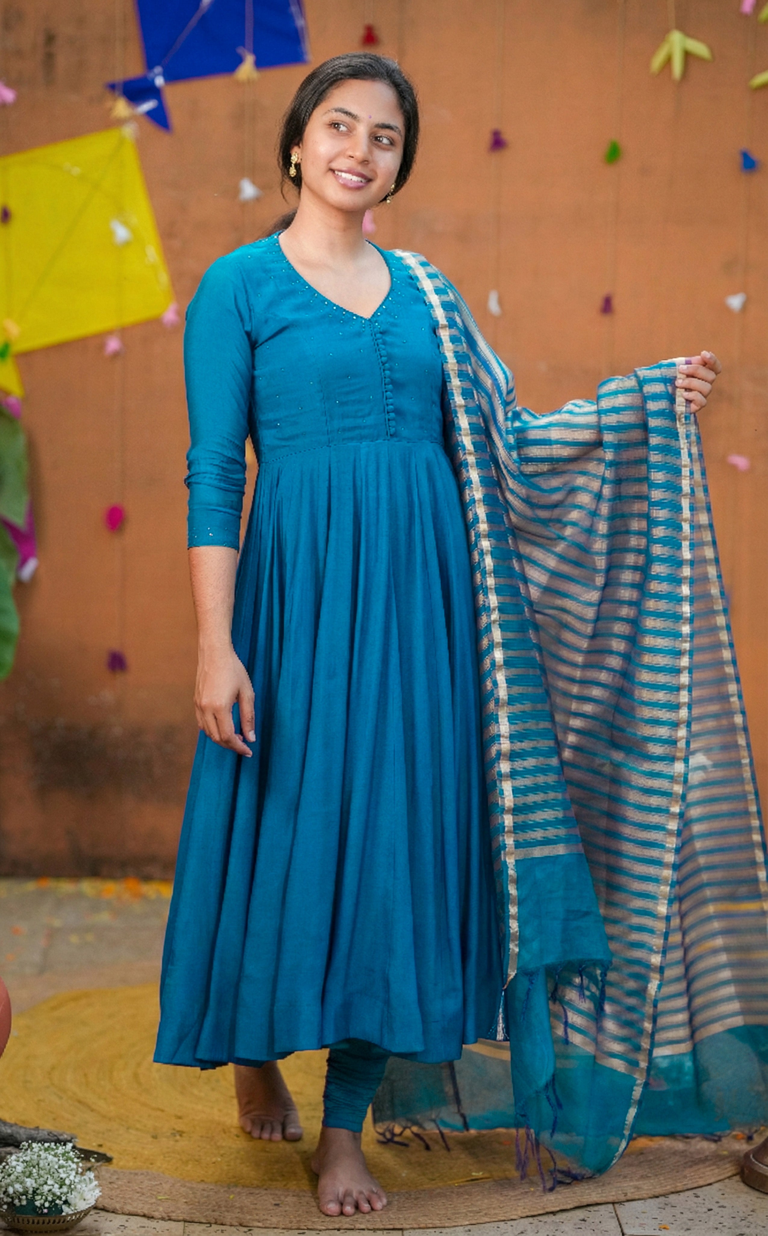 Instore - Peacock Blue Art Silk Sequin Embroidery Anarkali with V-Neckline and Mul Chanderi Dupatta with Cotton Lining
