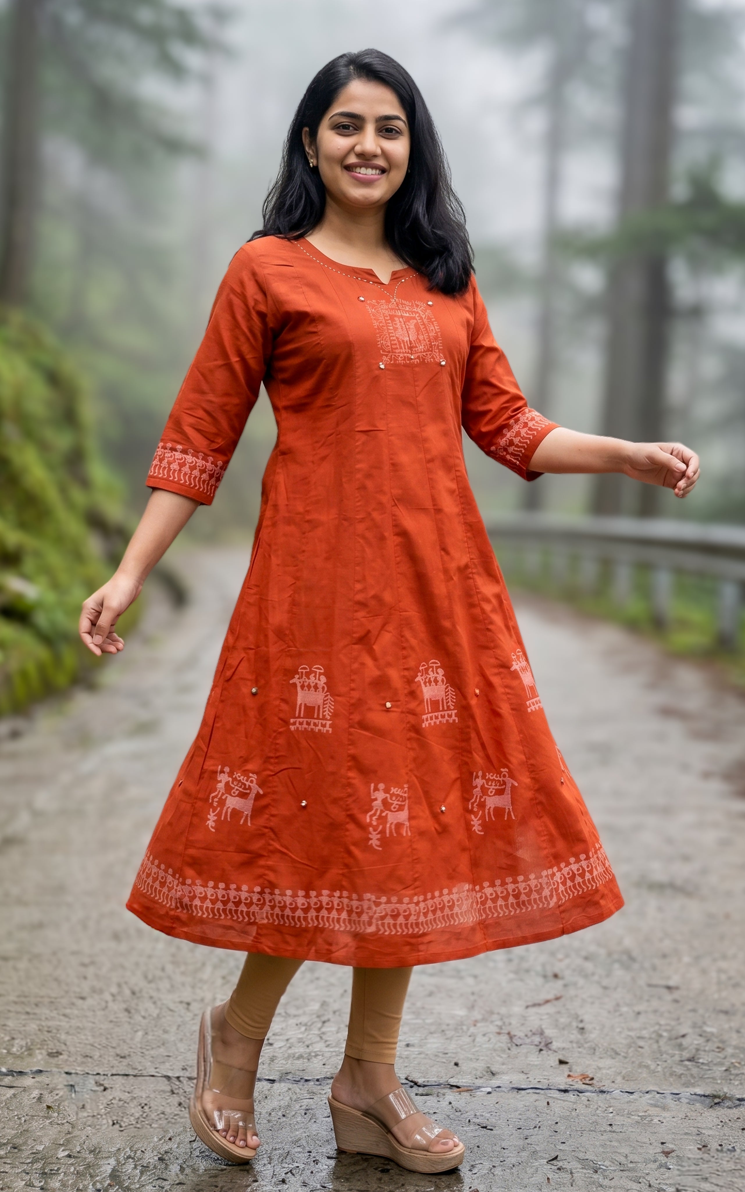 Instore – Rust Handblock Printed Cotton Anarkali Kurti for Women – Ethnic Wear