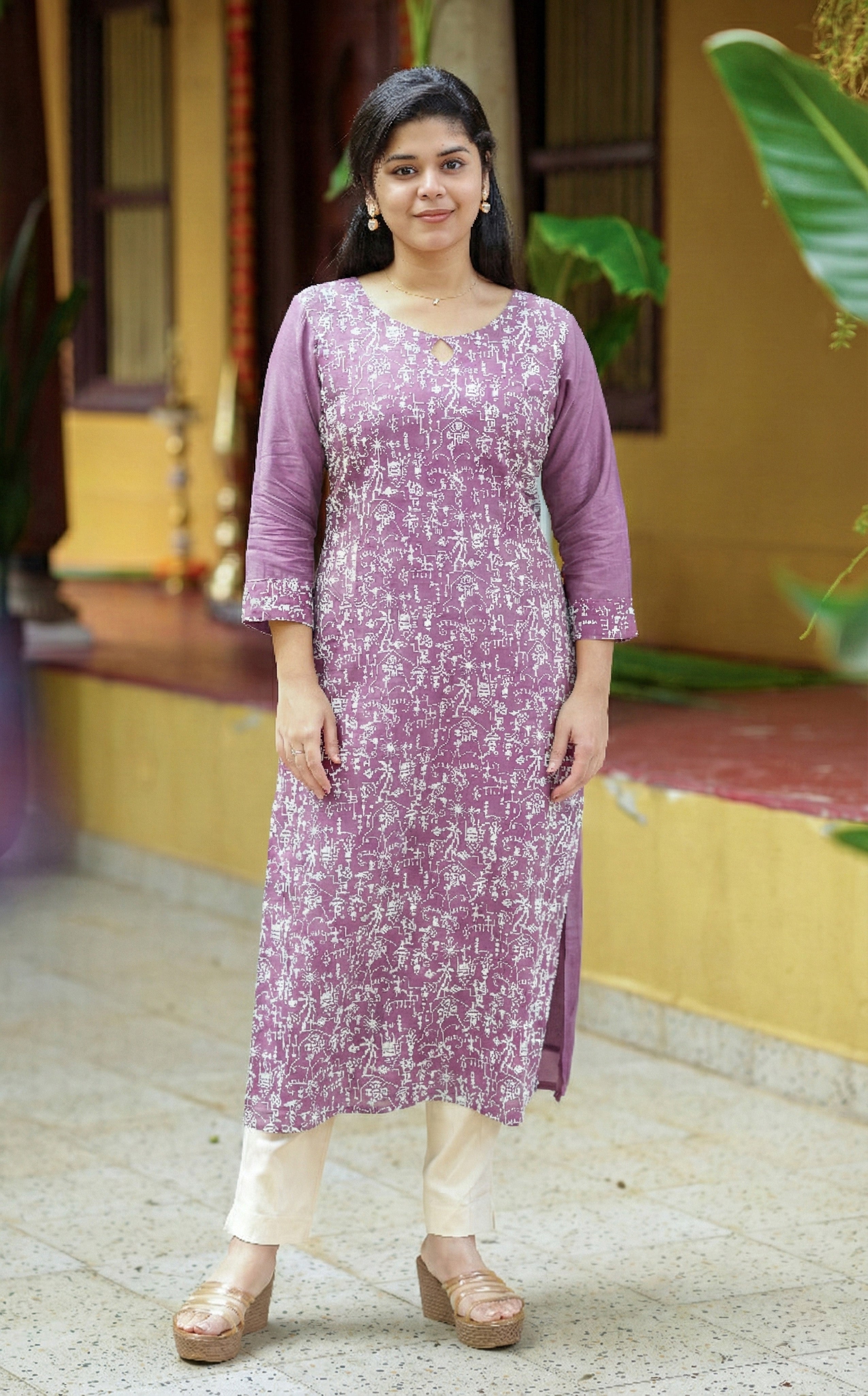 Instore - Lavender Dola Silk Straight Cut Kurti with Diamond Keyhole Neckline with Embroidery & Butter Crepe Lining