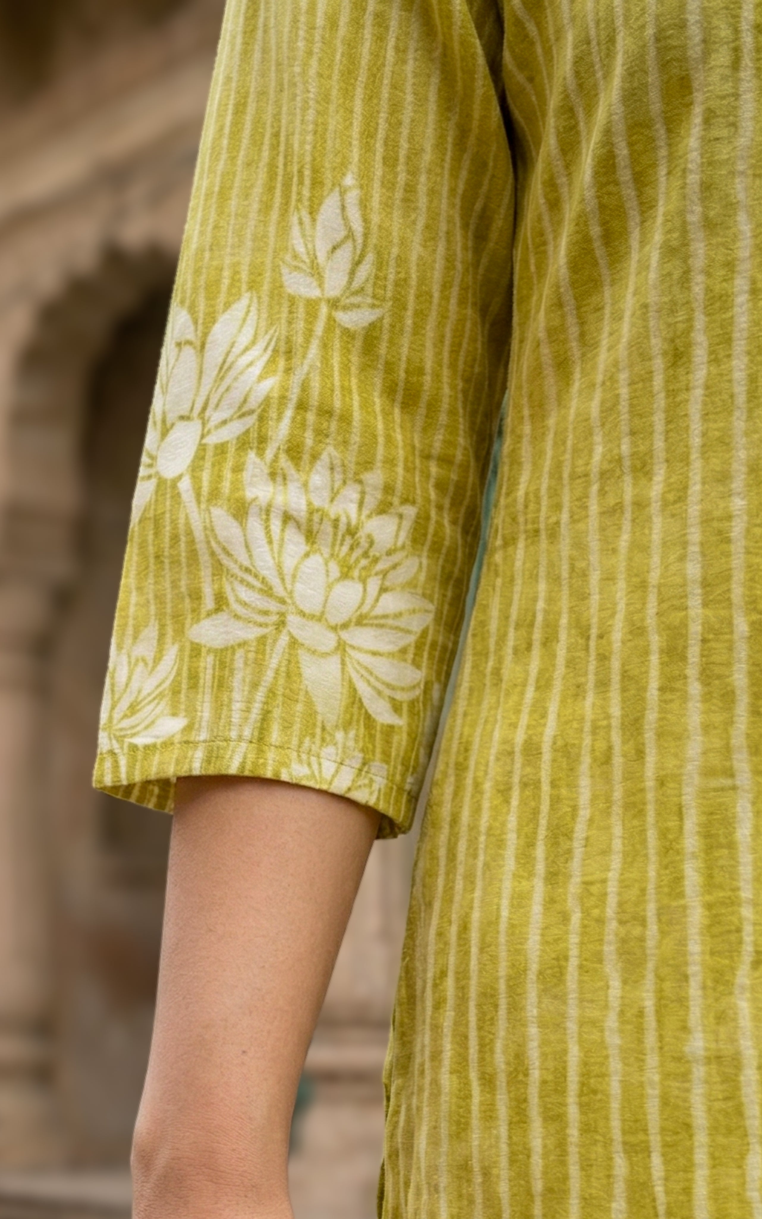 Instore - Mehandi Green Color Cotton Straight Cut Kurti with Side Slit, Straight Pant with Dupatta