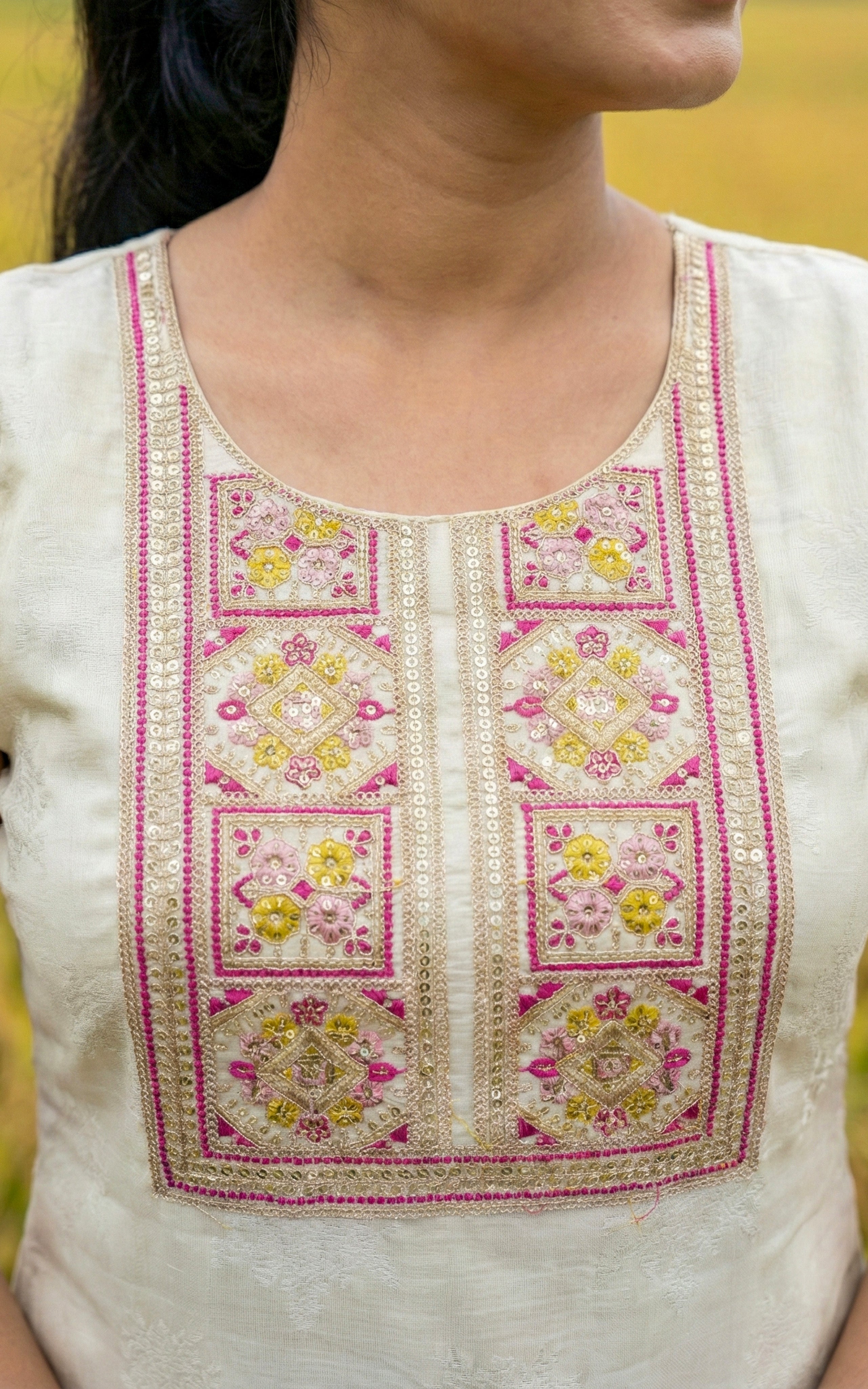 Instore - Off White Art Silk Straight Cut Kurti with Side Slit, Embroidery & Colorful Thread Work with Pant & Dupatta