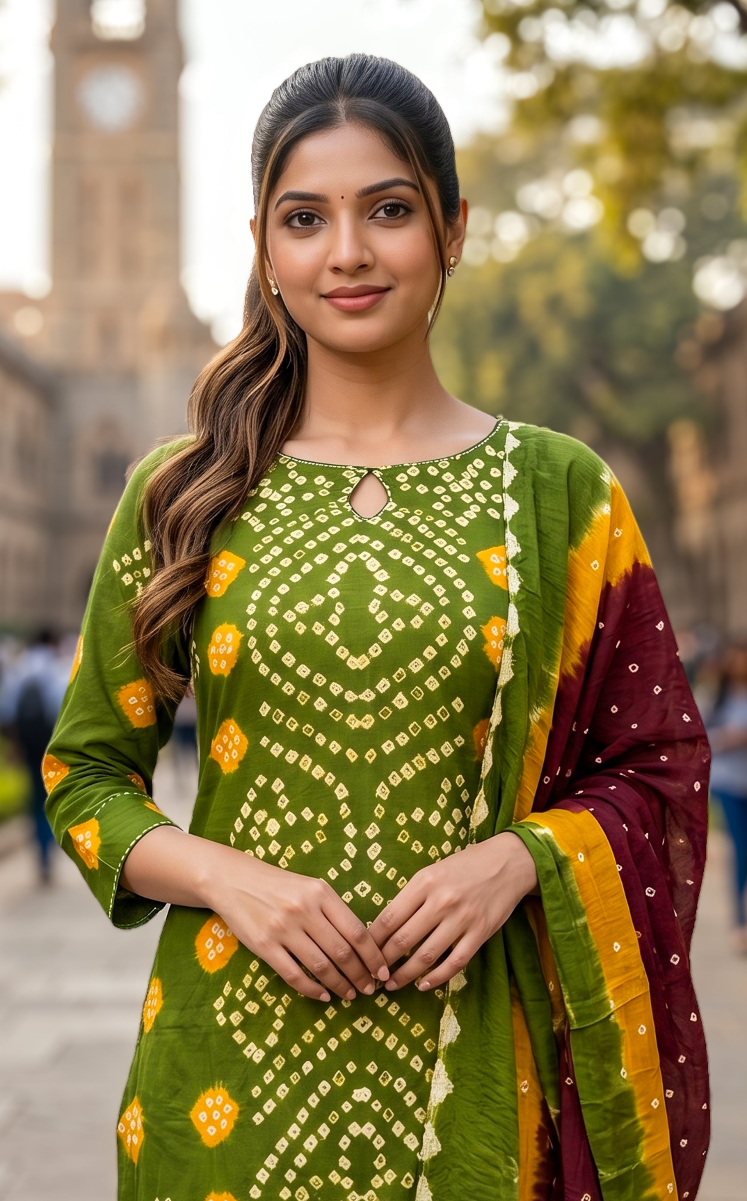 Bandhani kurti pant dupatta set for women