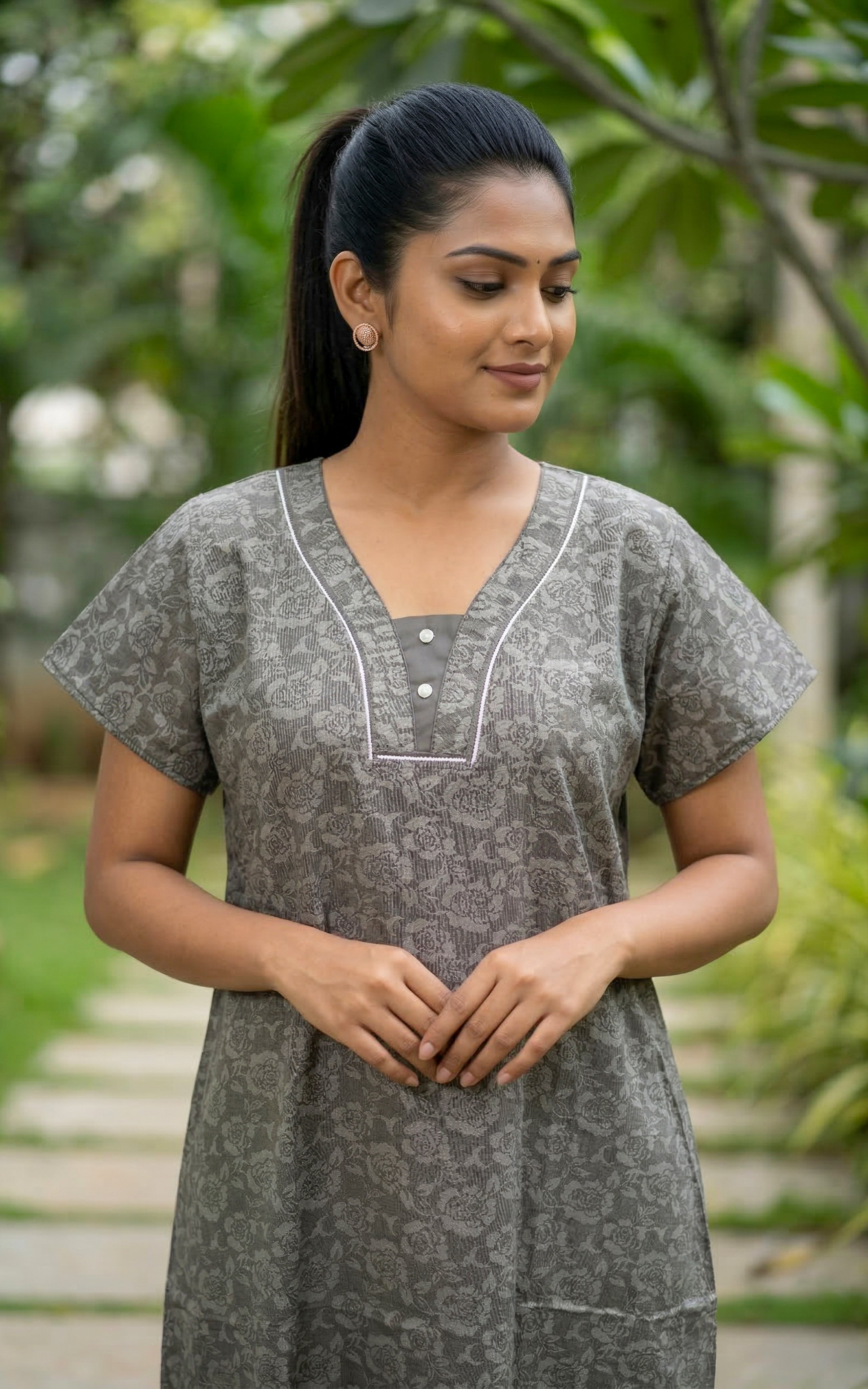 Instore – Grey Cotton Long Nighty, Floral Motif Print, V-Neck with Button Placket, Relaxed Fit, Women's Sleepwear