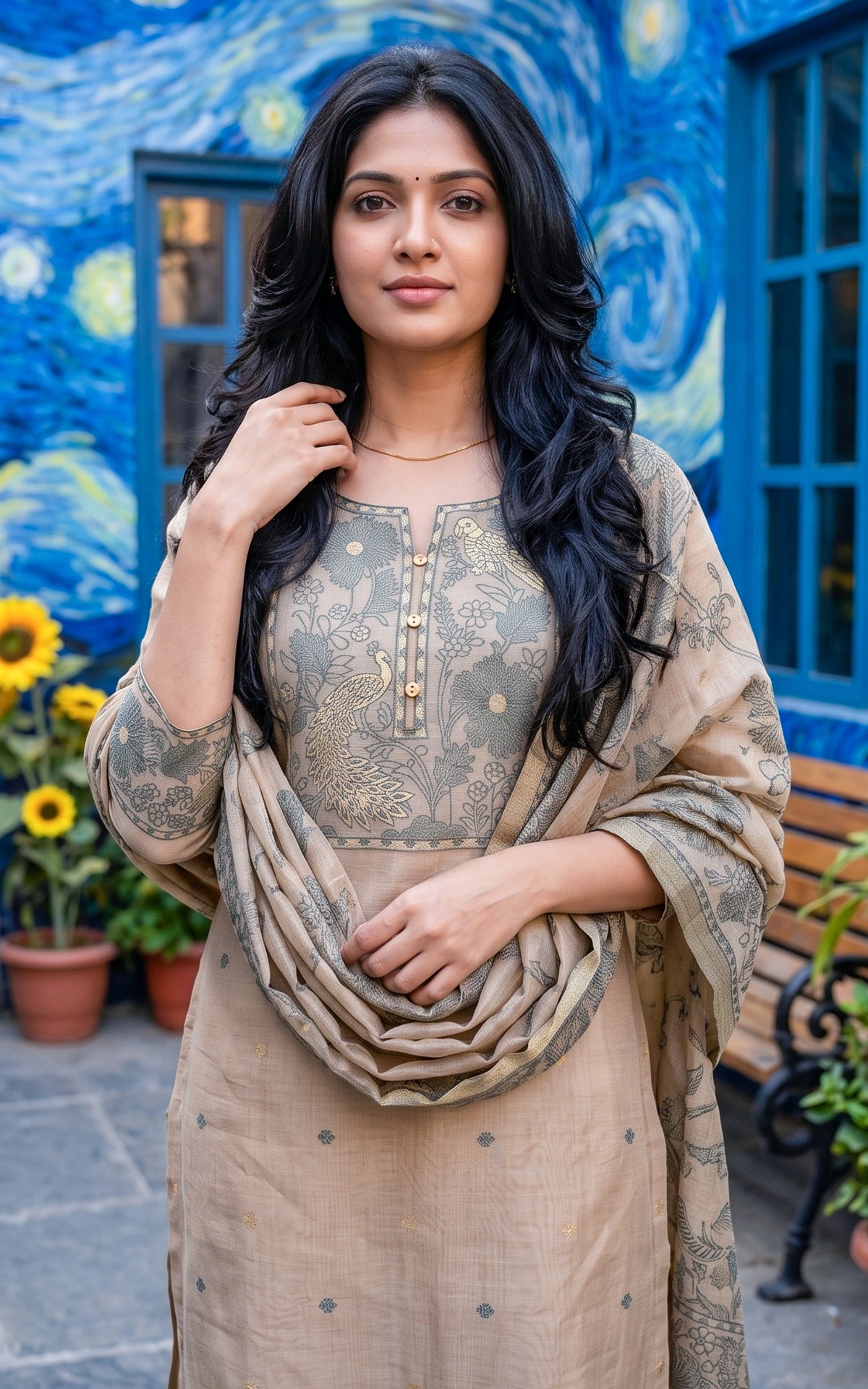 Beige Chanderi Kurti Set with Straight Fit Pant for Women