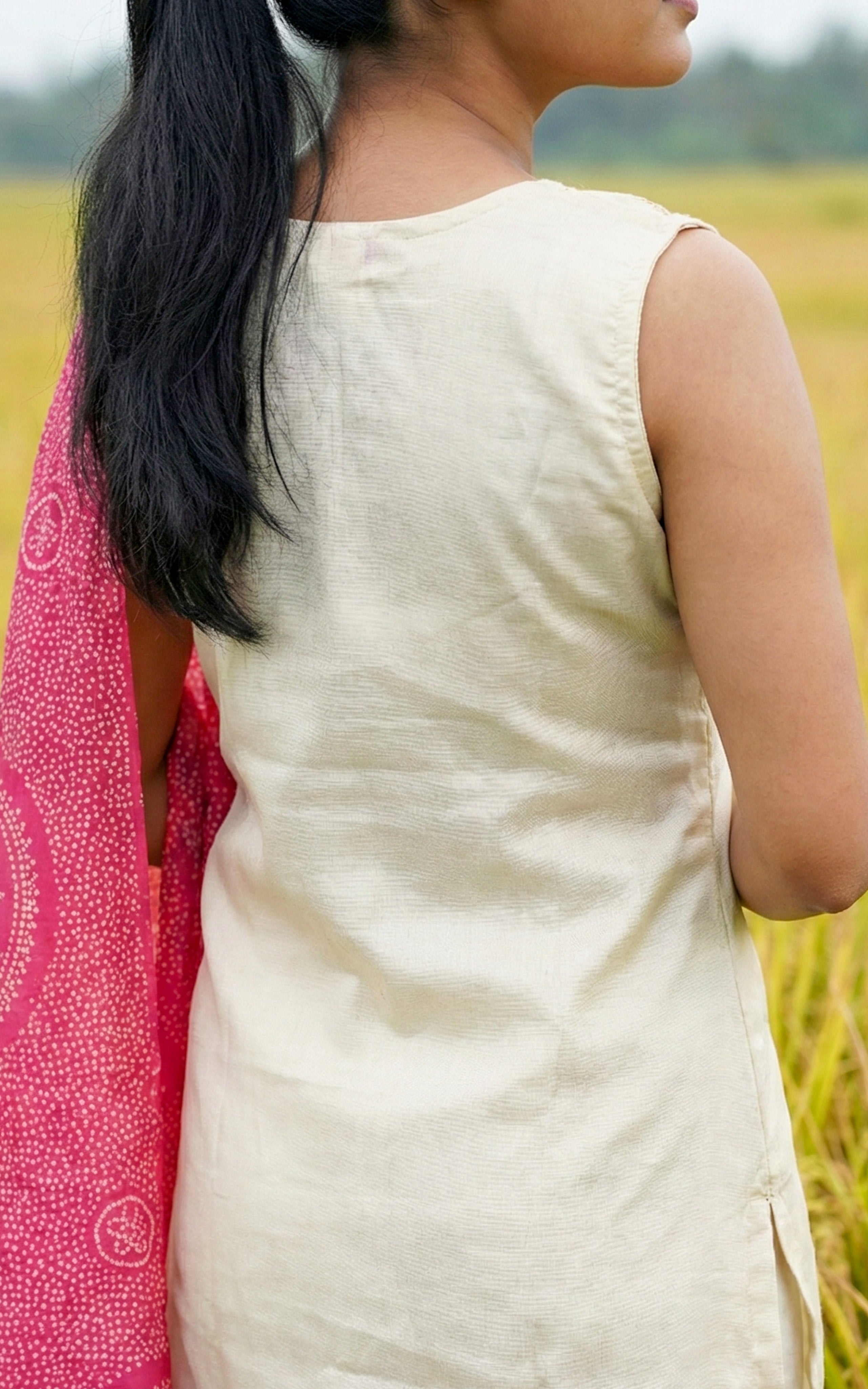 Instore - Off White Art Silk Straight Cut Kurti with Side Slit, Embroidery & Colorful Thread Work with Pant & Dupatta