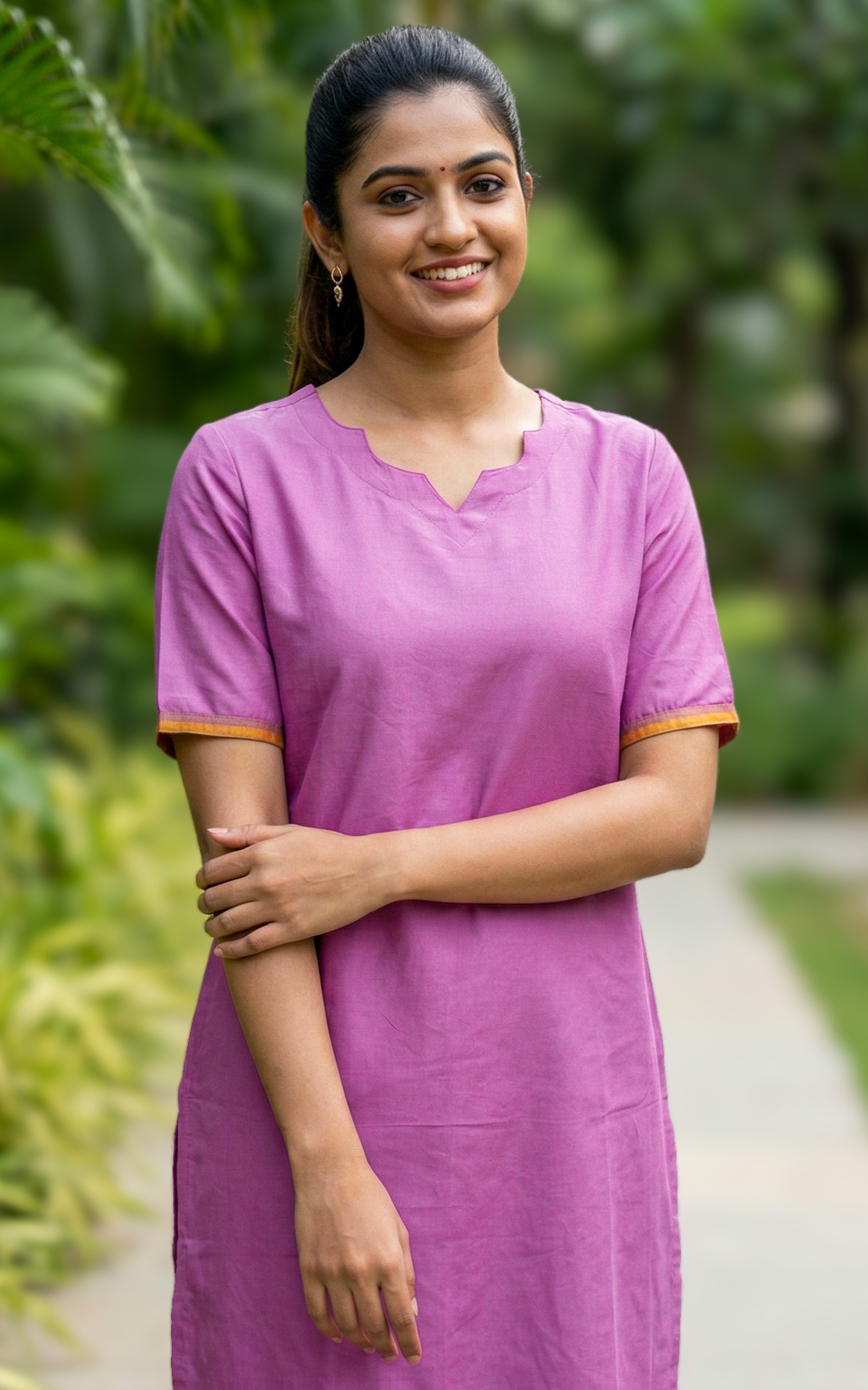 Pink Silk Cotton Straight Cut Kurti Daily Wear