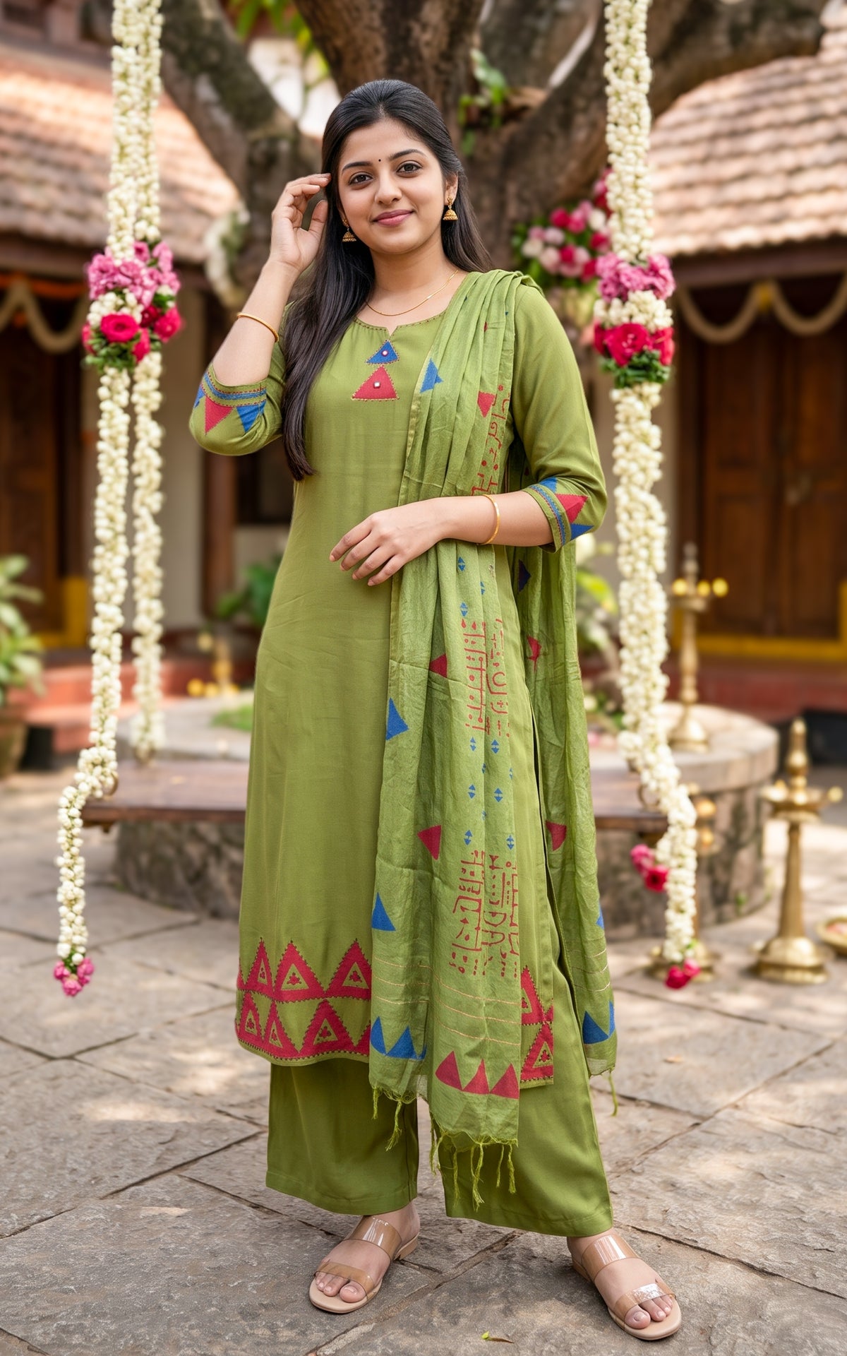 Diwali Casuals Handblock Mehandi Green (Kurti+Pant+Dupatta)