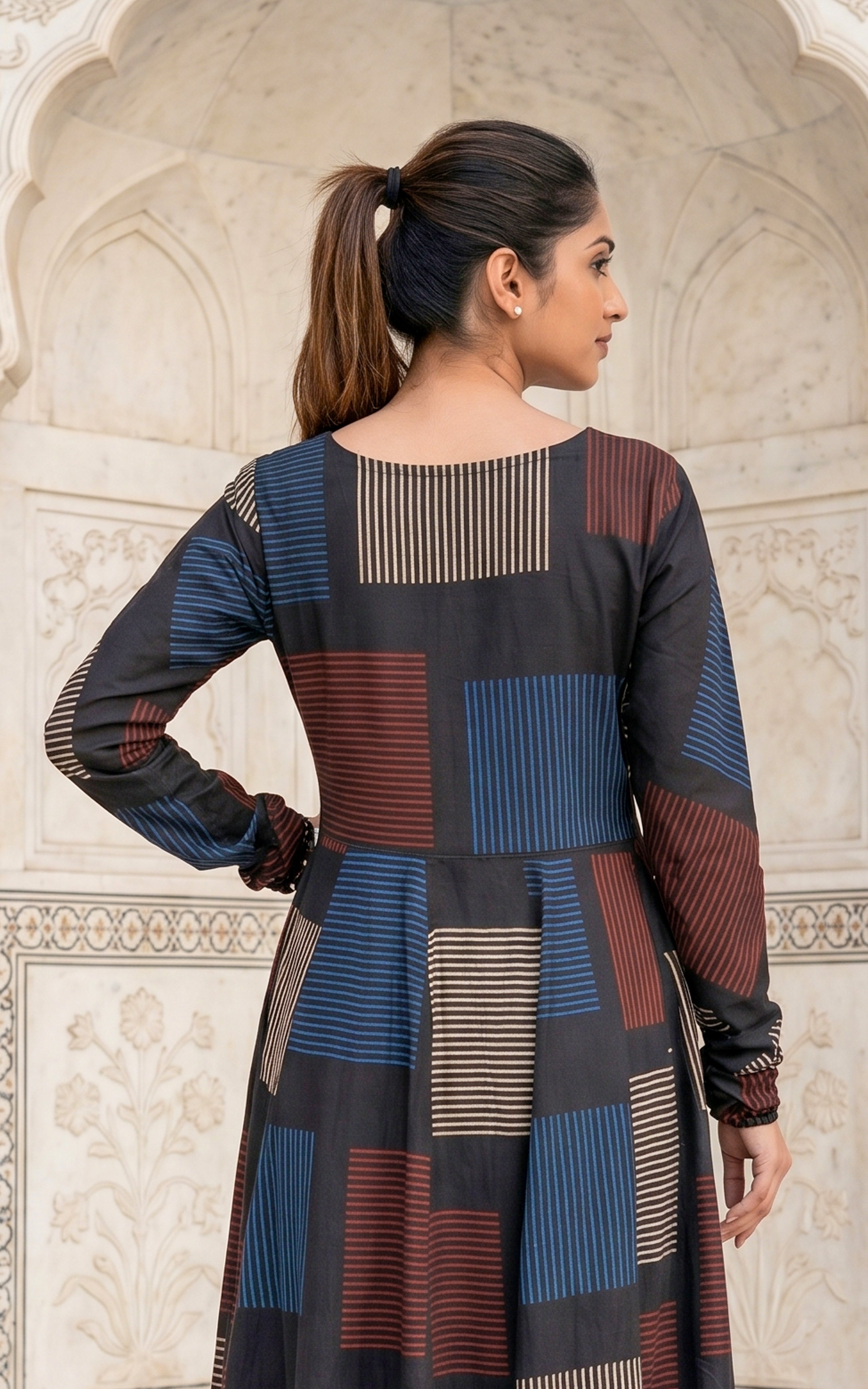 Instore - Black Color Printed Cotton Flared Anarkali Kurti with Line Embroidery & Sweetheart Neck with Gathered Sleeve